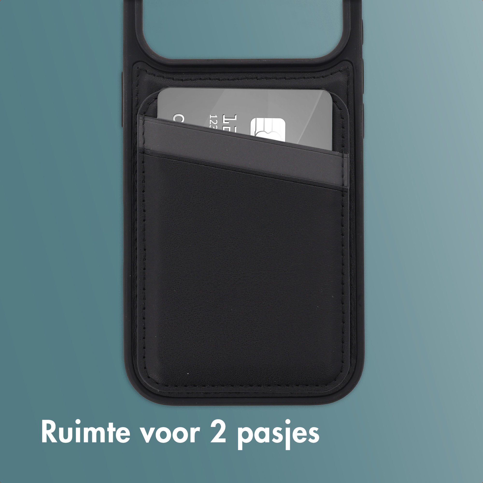 Étui de téléphone noir avec emplacements pour cartes. Une carte est partiellement visible. Fond turquoise. Texte: Espace pour 2 cartes.