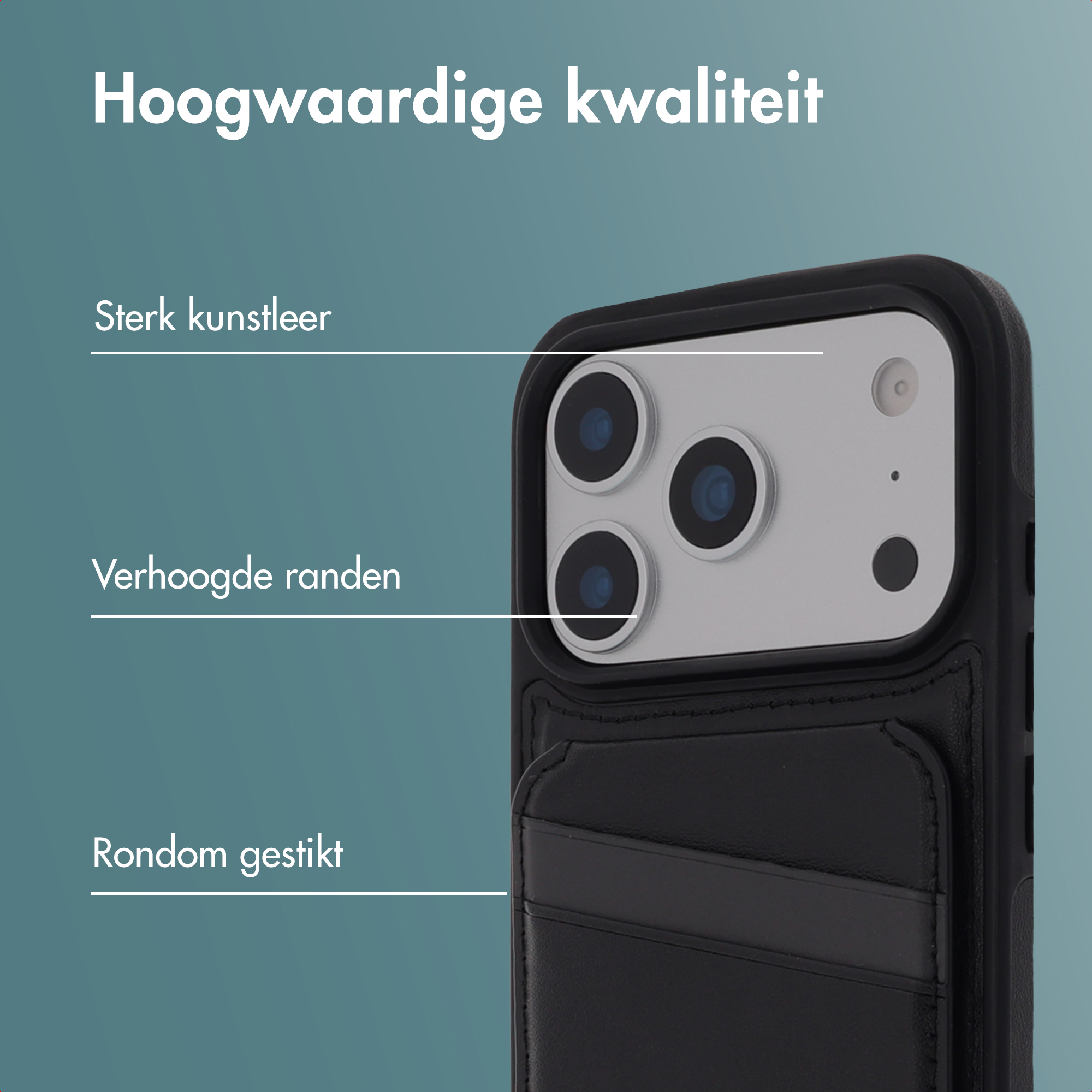 Étui de téléphone noir avec découpes pour caméra et fentes pour cartes. Texte 'Haute qualité'.