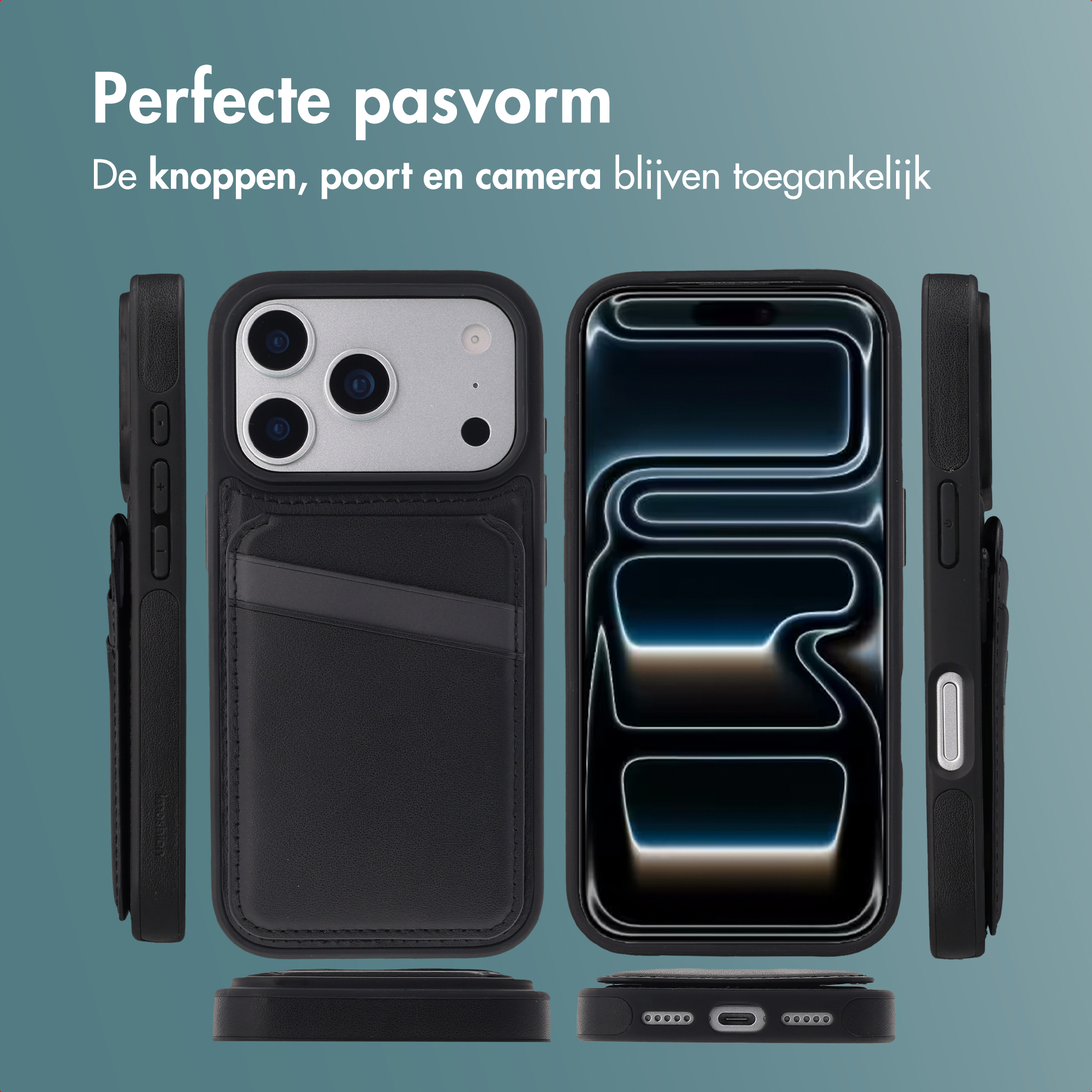 L'image montre un étui de téléphone avec un téléphone. L'étui est noir, avec une fente pour carte. Le téléphone est argenté et noir.