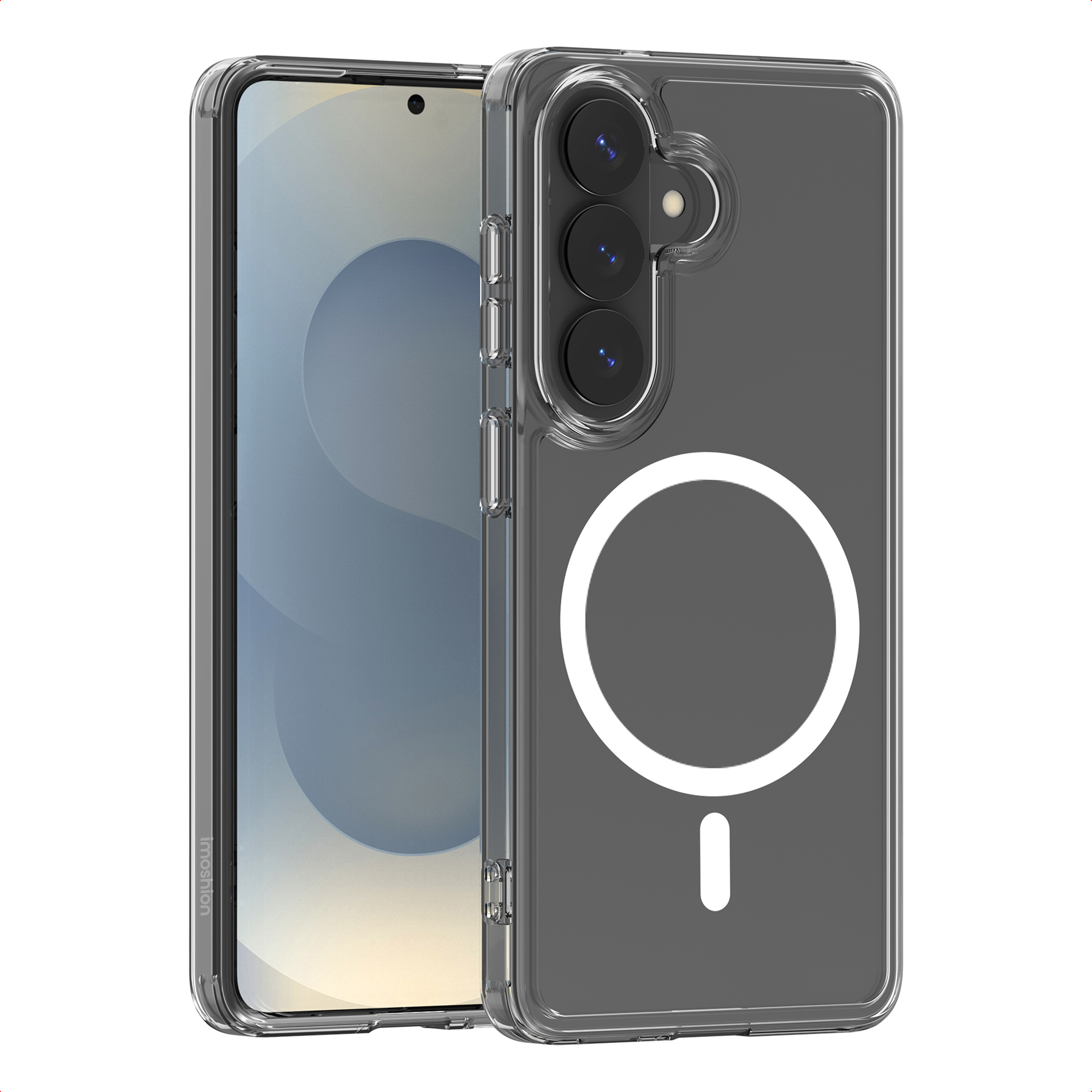 Una custodia trasparente per telefono con un cerchio bianco e un simbolo meno, accanto a un telefono. Lo sfondo è bianco.