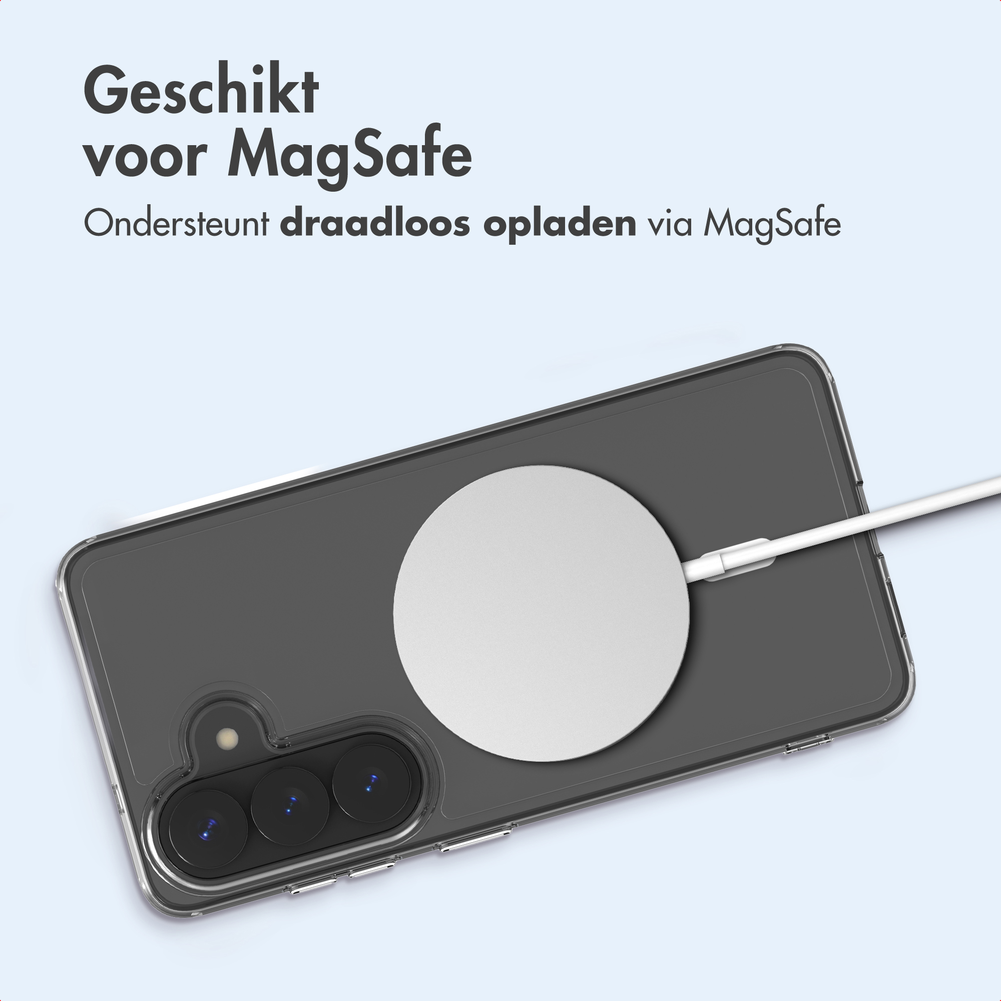 Una custodia per telefono con un caricatore MagSafe collegato a un telefono. Il testo in alto dice 'Adatto per MagSafe'.