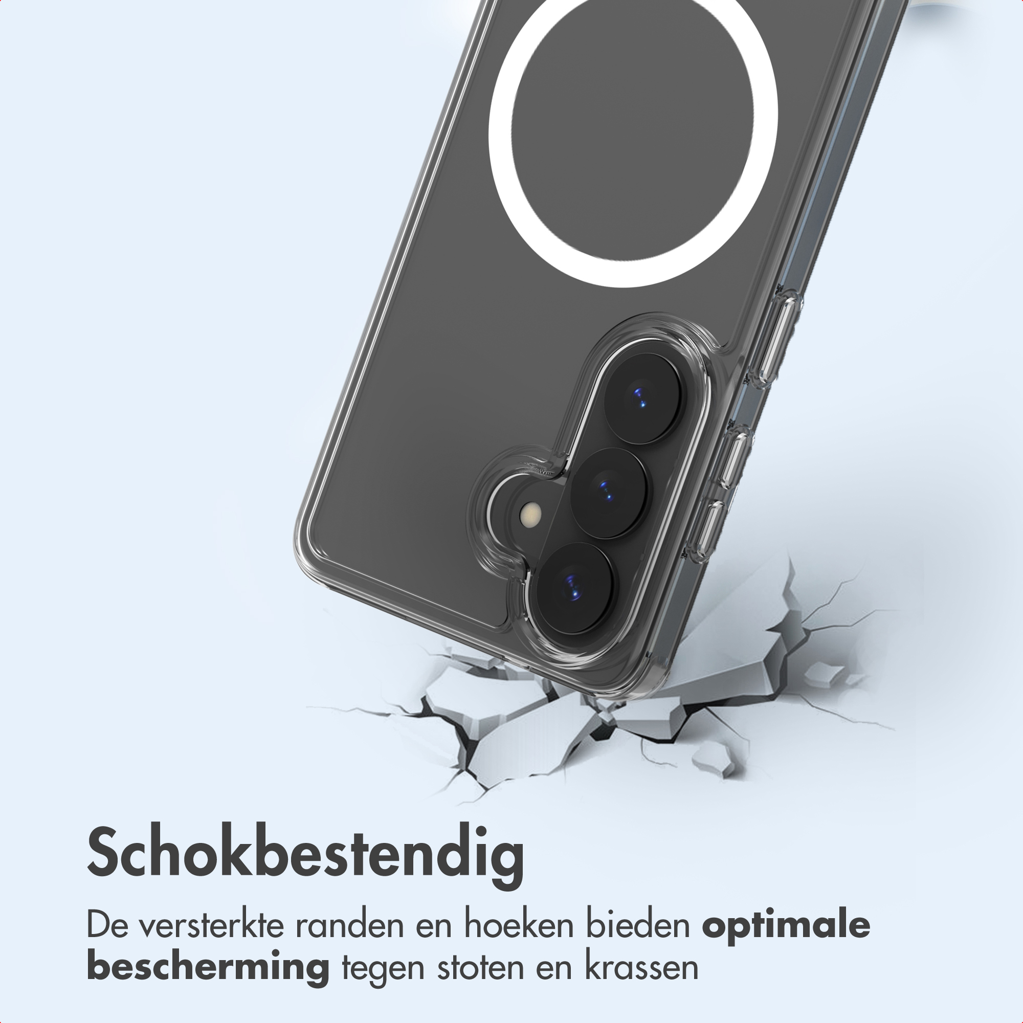 Una custodia per telefono con modulo fotocamera è posizionata su una superficie incrinata, con testo che indica resistenza.