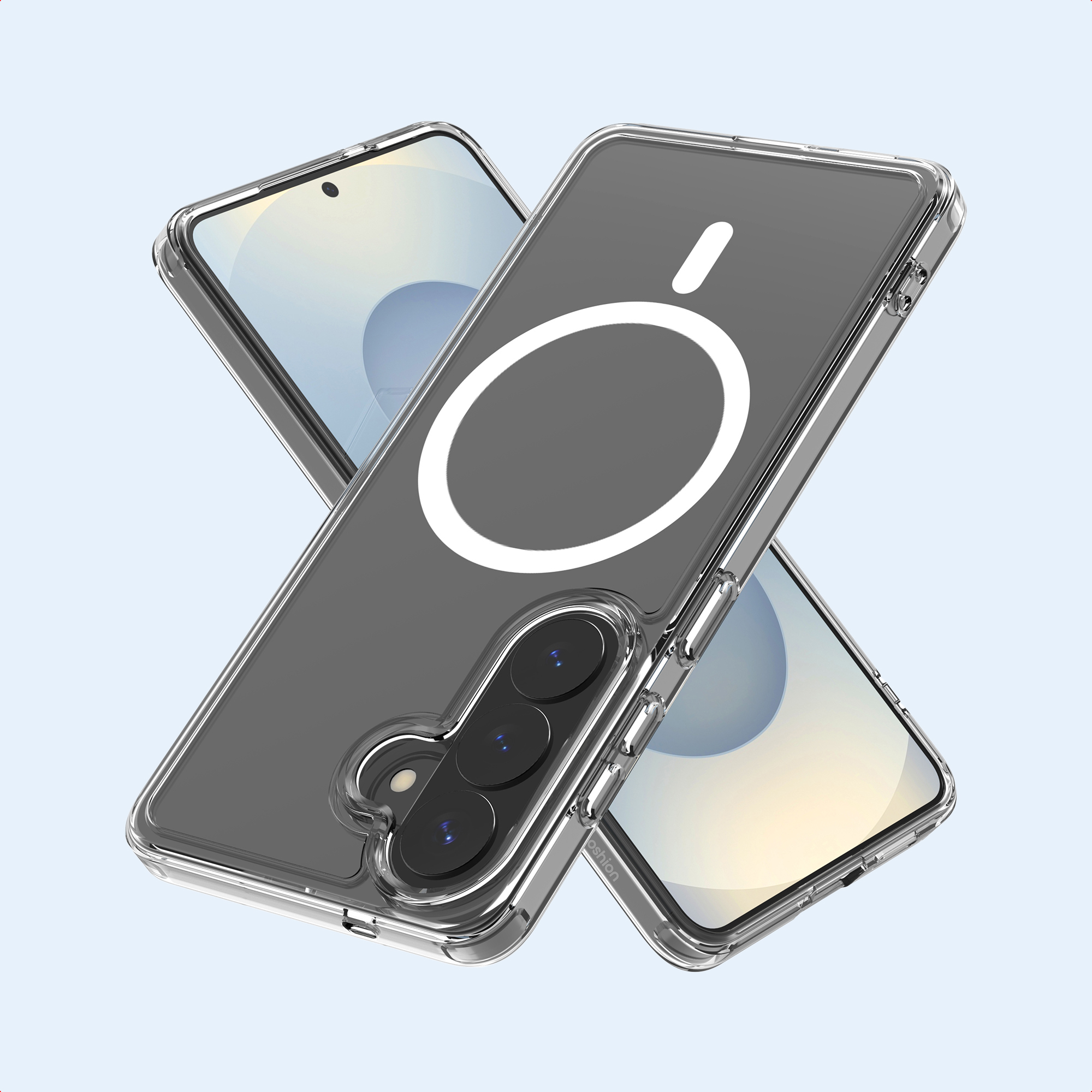 Custodia trasparente per telefono con un anello bianco e tre lenti della fotocamera, angolata contro un altro telefono.