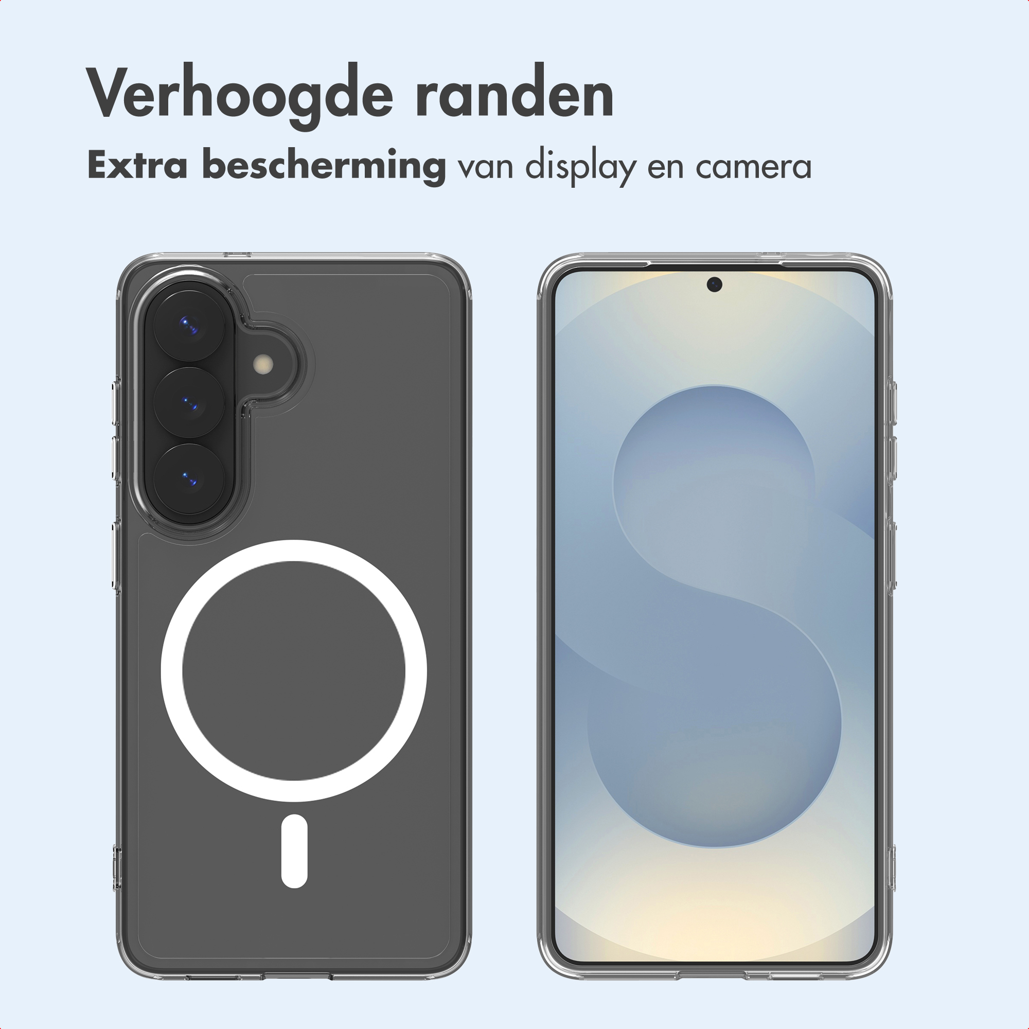 Custodia trasparente. Mostra contorno, fotocamera e anello MagSafe. Testo: Protezione extra per display e fotocamera.