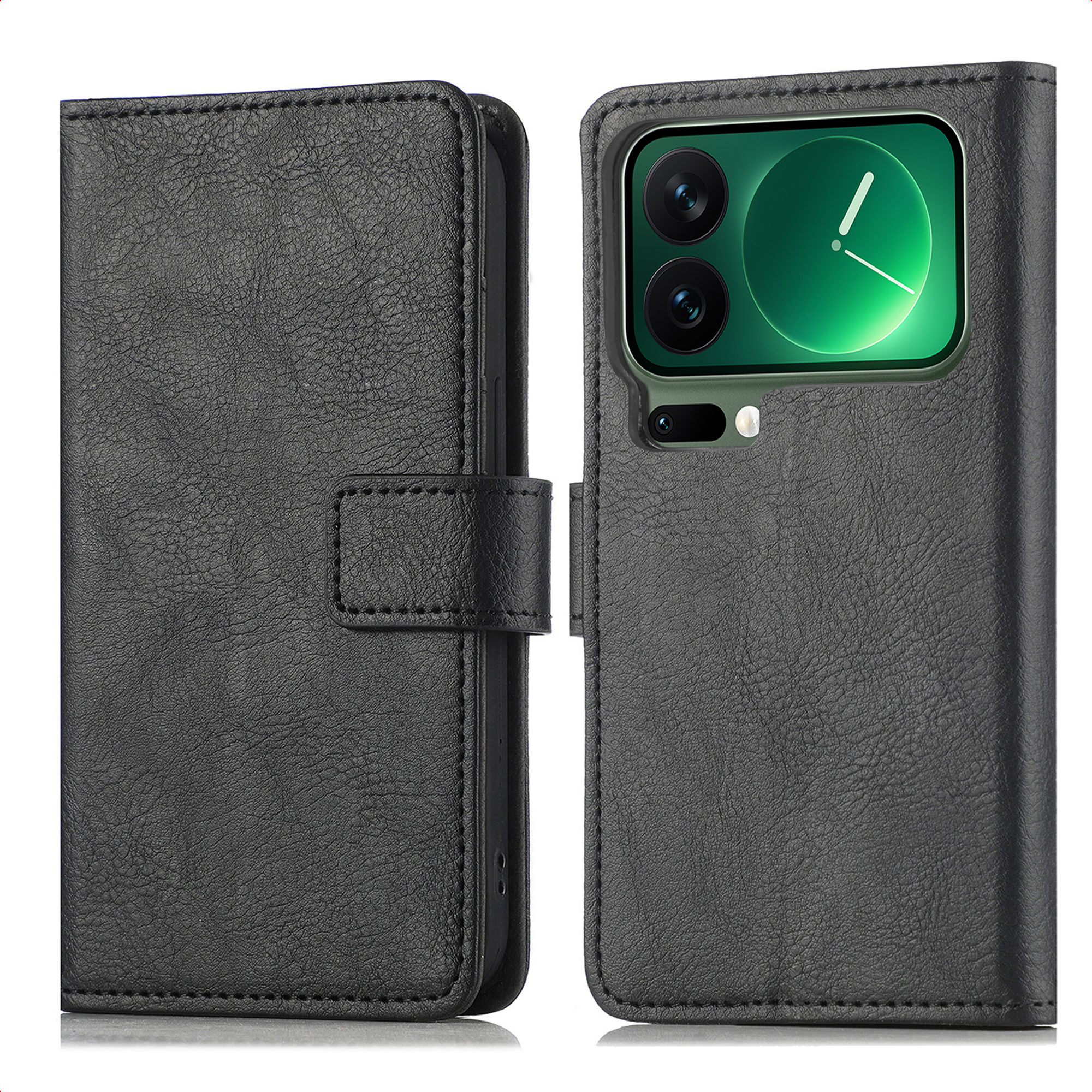 Zwarte leren telefoonhoes, open. Telefoonscherm toont groen display met wijzers, omringd door cameralenzen.