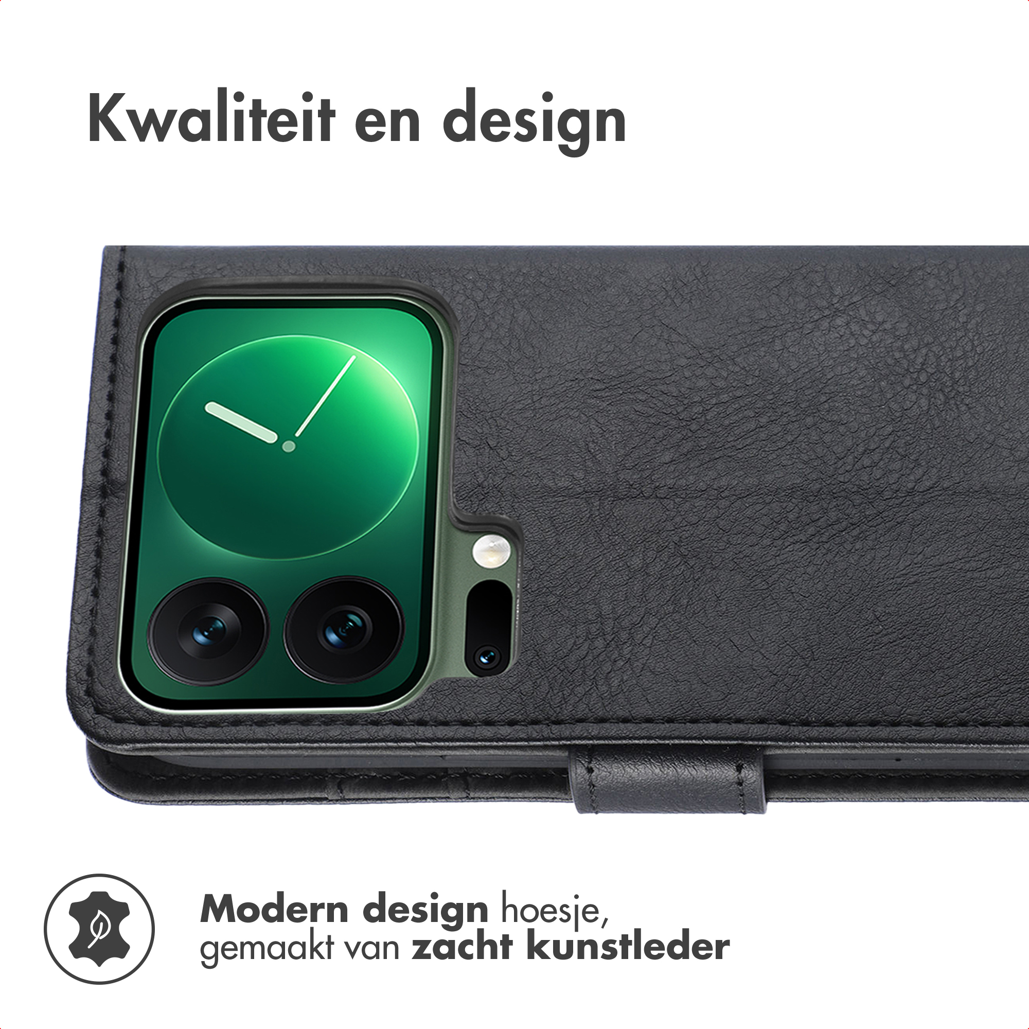 Zwarte telefoonhoes met klok op scherm. Tekst: Kwaliteit en design. Zacht leer.