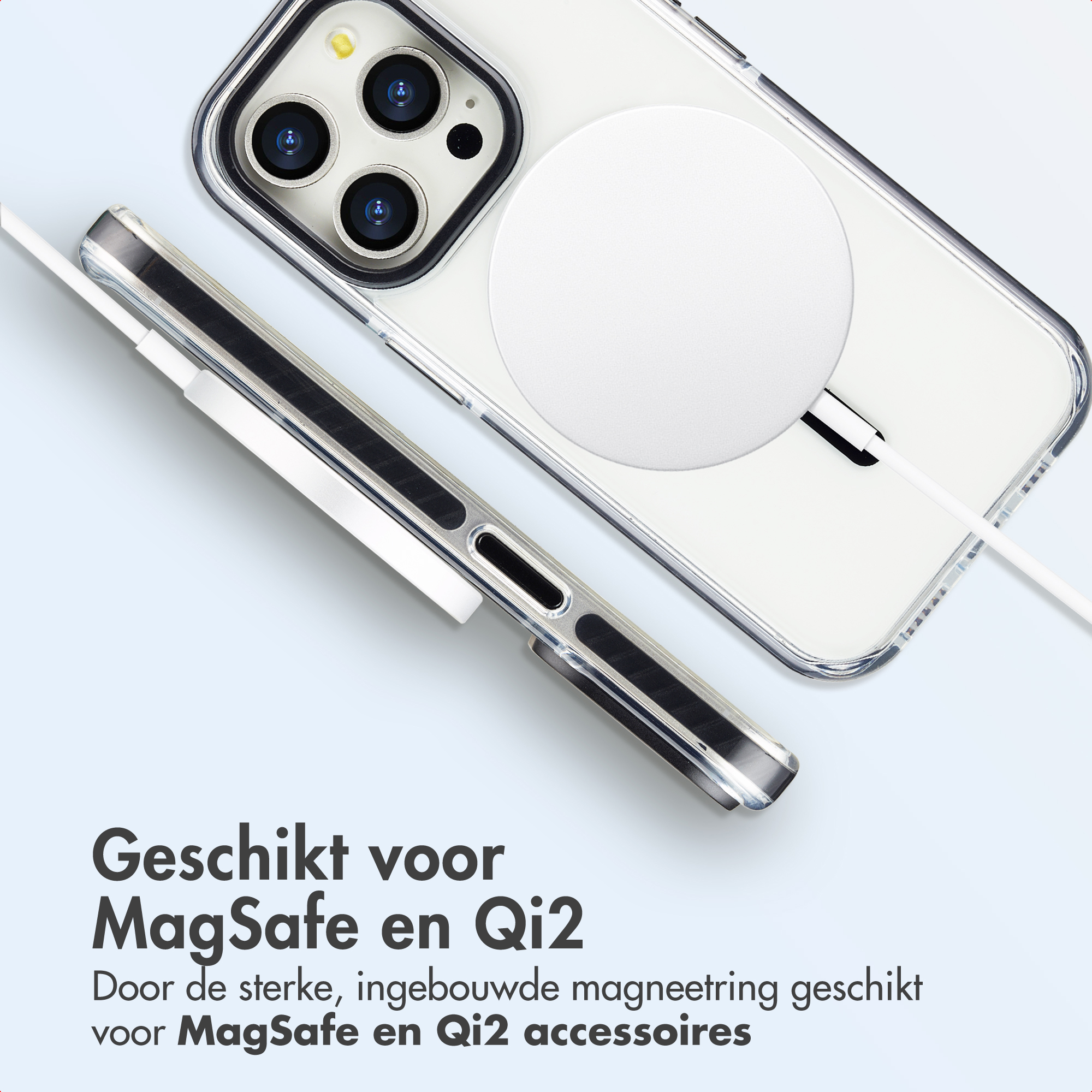 Un téléphone dans un étui avec un chargeur MagSafe blanc. Le texte indique la compatibilité avec les accessoires MagSafe et Qi2.