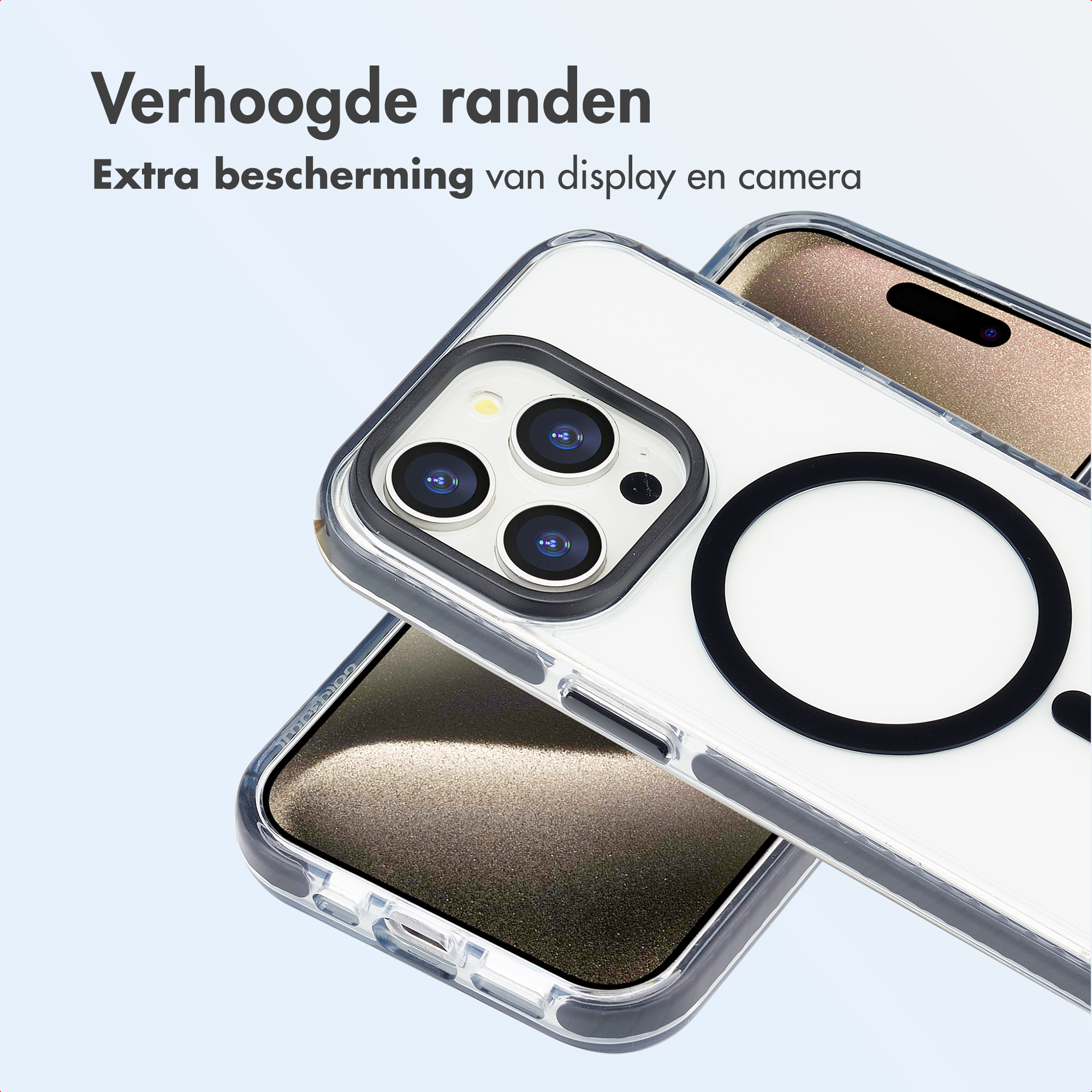 Deux coques de téléphone transparentes empilées. L'une montre des lentilles de caméra, l'autre un écran. Texte : 'Bords relevés', 'Protection'.