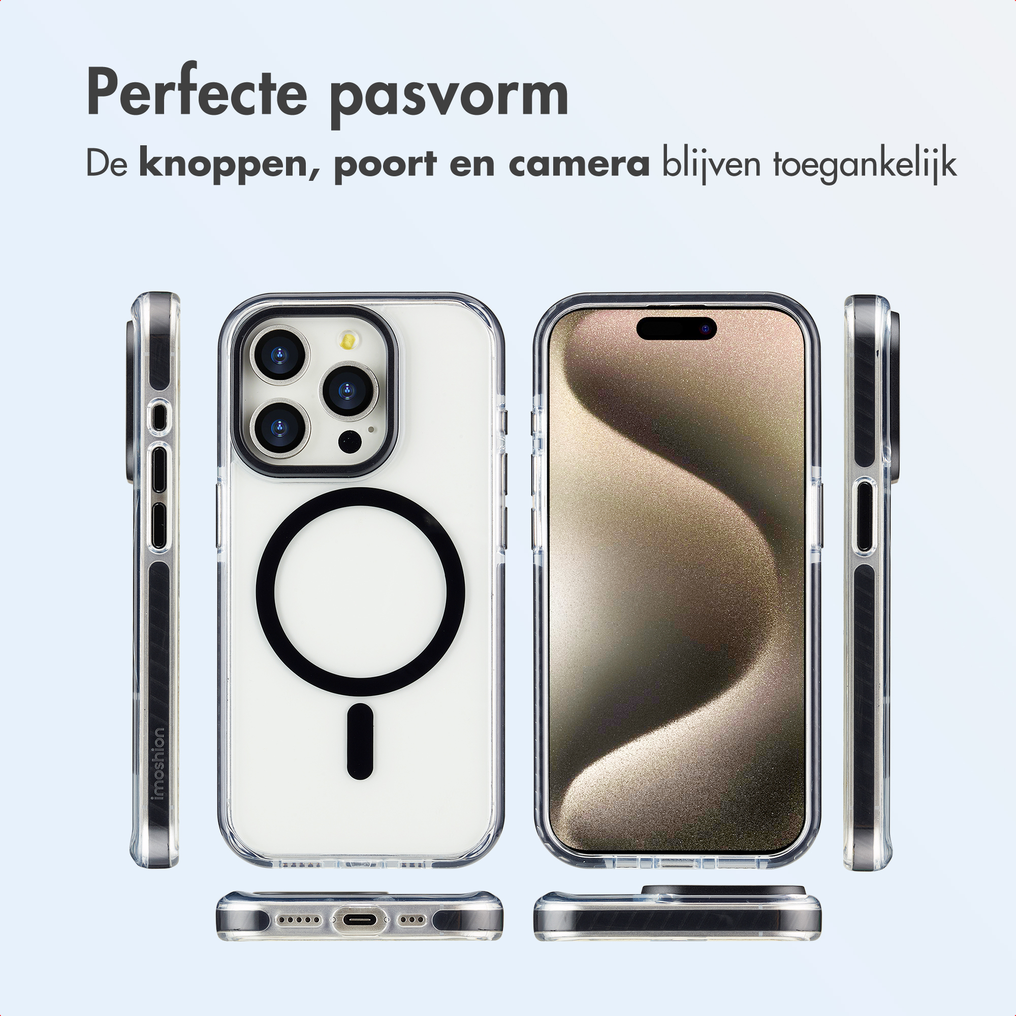 Coque de téléphone transparente. L'image montre la coque sous différents angles. Elle a un anneau noir à l'arrière.