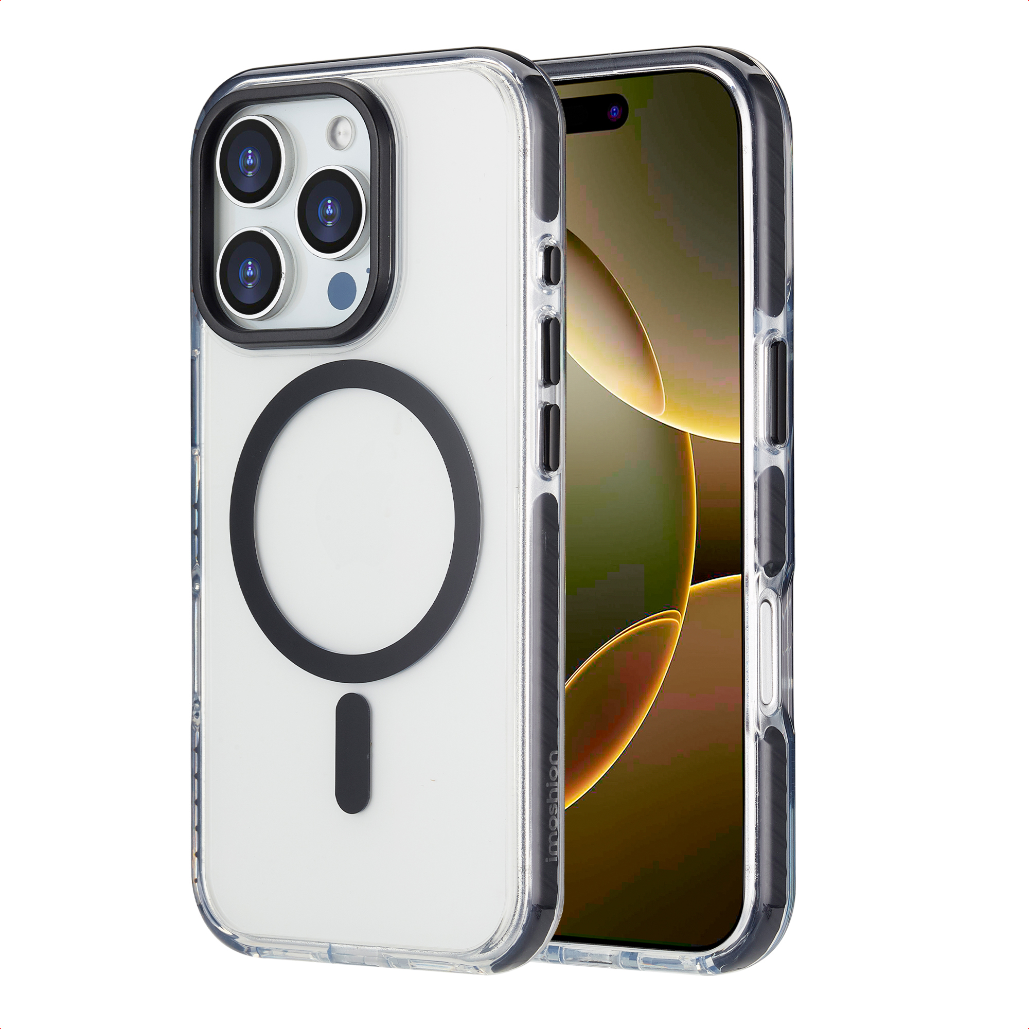Coque iPhone transparente avec anneau magnétique noir. Le téléphone est visible à l'intérieur.