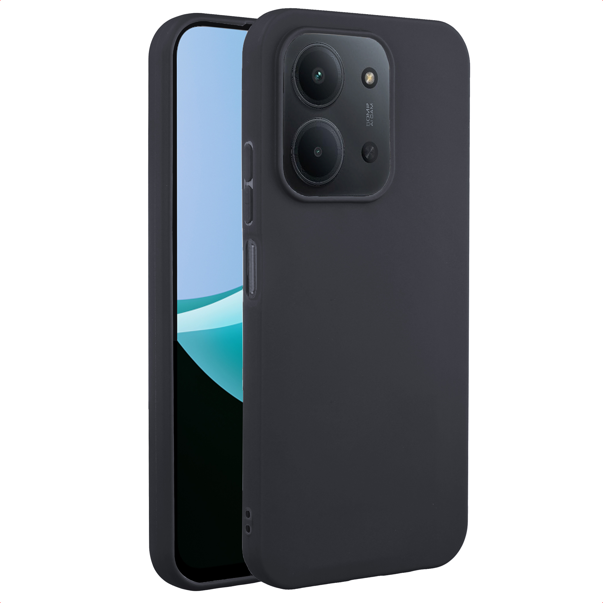 Een donkergrijze telefoonhoes met een telefoon. Het scherm toont een blauwgroen ontwerp. De telefoon heeft twee camera's.