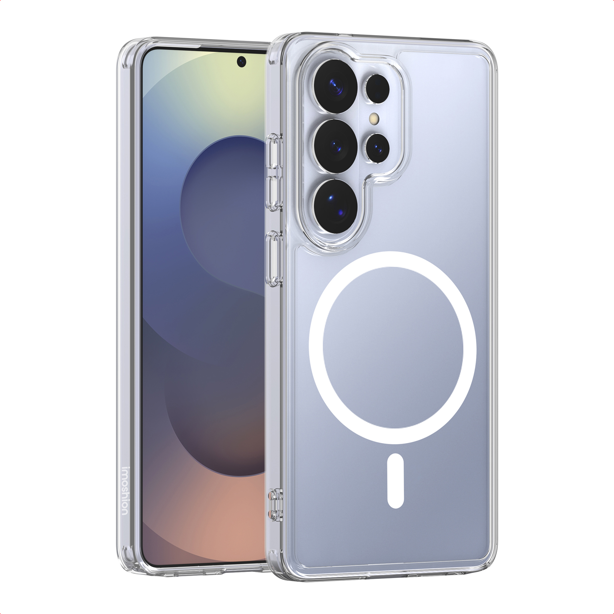 Custodia trasparente per telefono con un telefono all'interno. La custodia ha un cerchio bianco e un segno meno. Il telefono ha uno schermo.