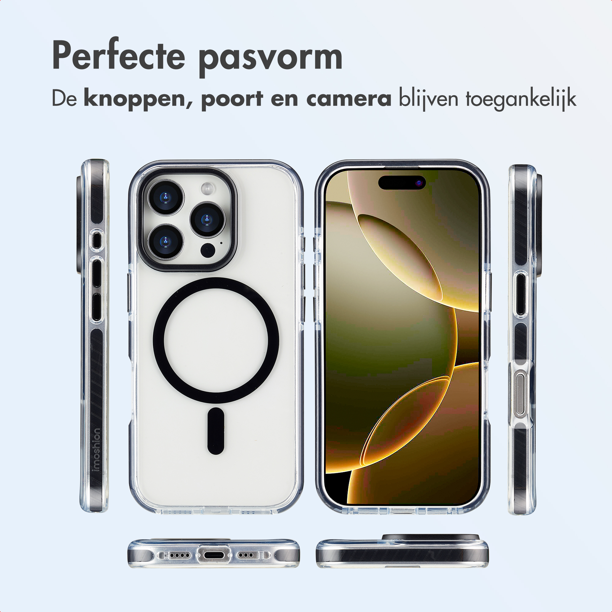 Image de coques de téléphone transparentes autour d'iPhones. Le texte dit : Ajustement parfait. Boutons, ports et appareil photo restent accessibles.