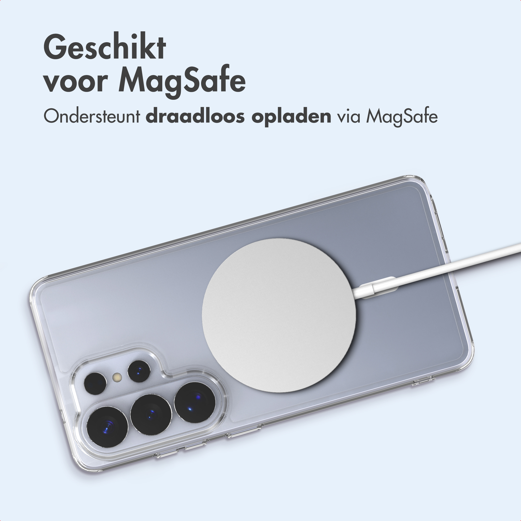 Un telefono in una custodia trasparente con un caricatore MagSafe bianco. Il testo in alto dice 'Adatto per MagSafe'.