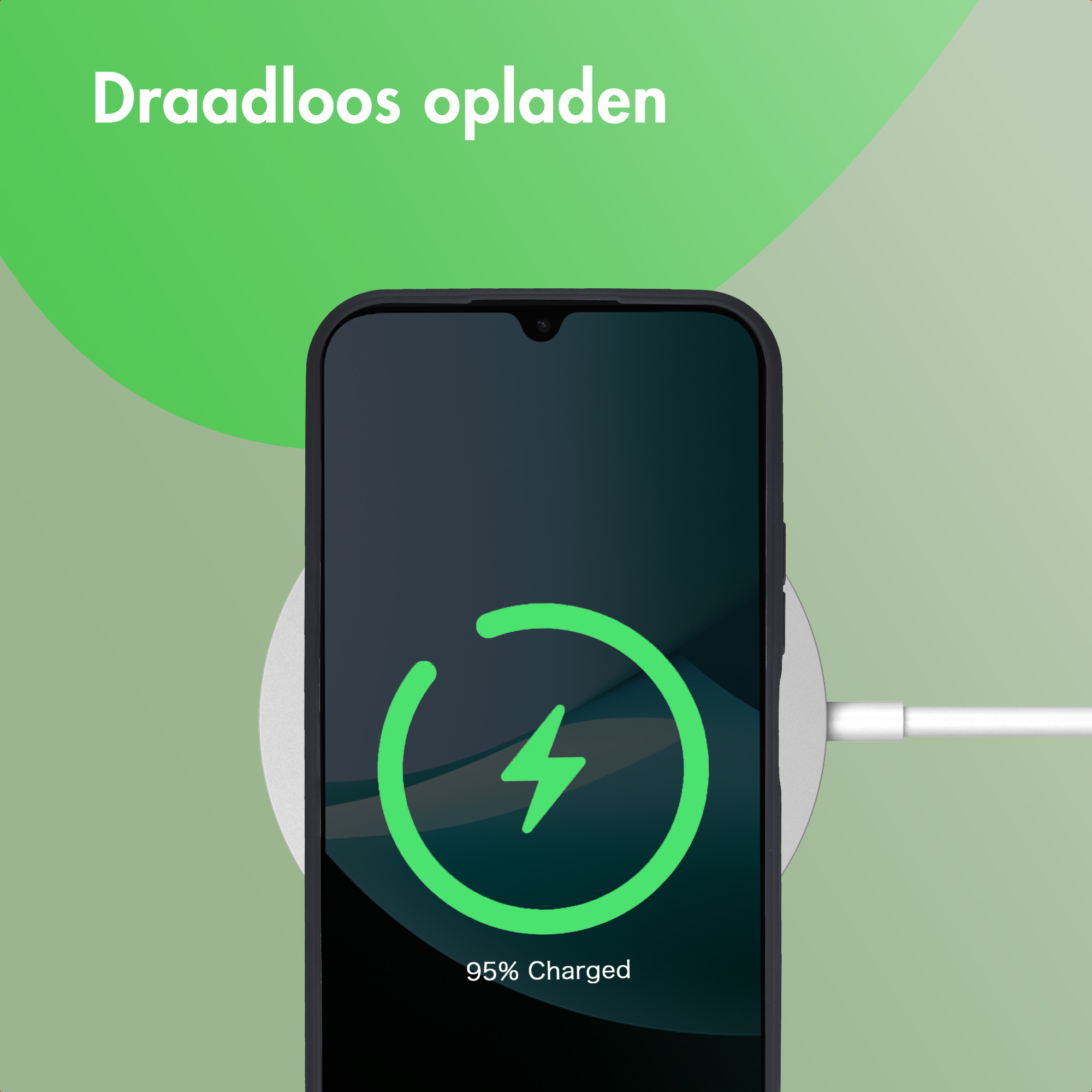 Telefoon draadloos opladen op een pad. De telefoon toont 95% opgeladen. Groene afbeelding en tekst op een verloopachtergrond.