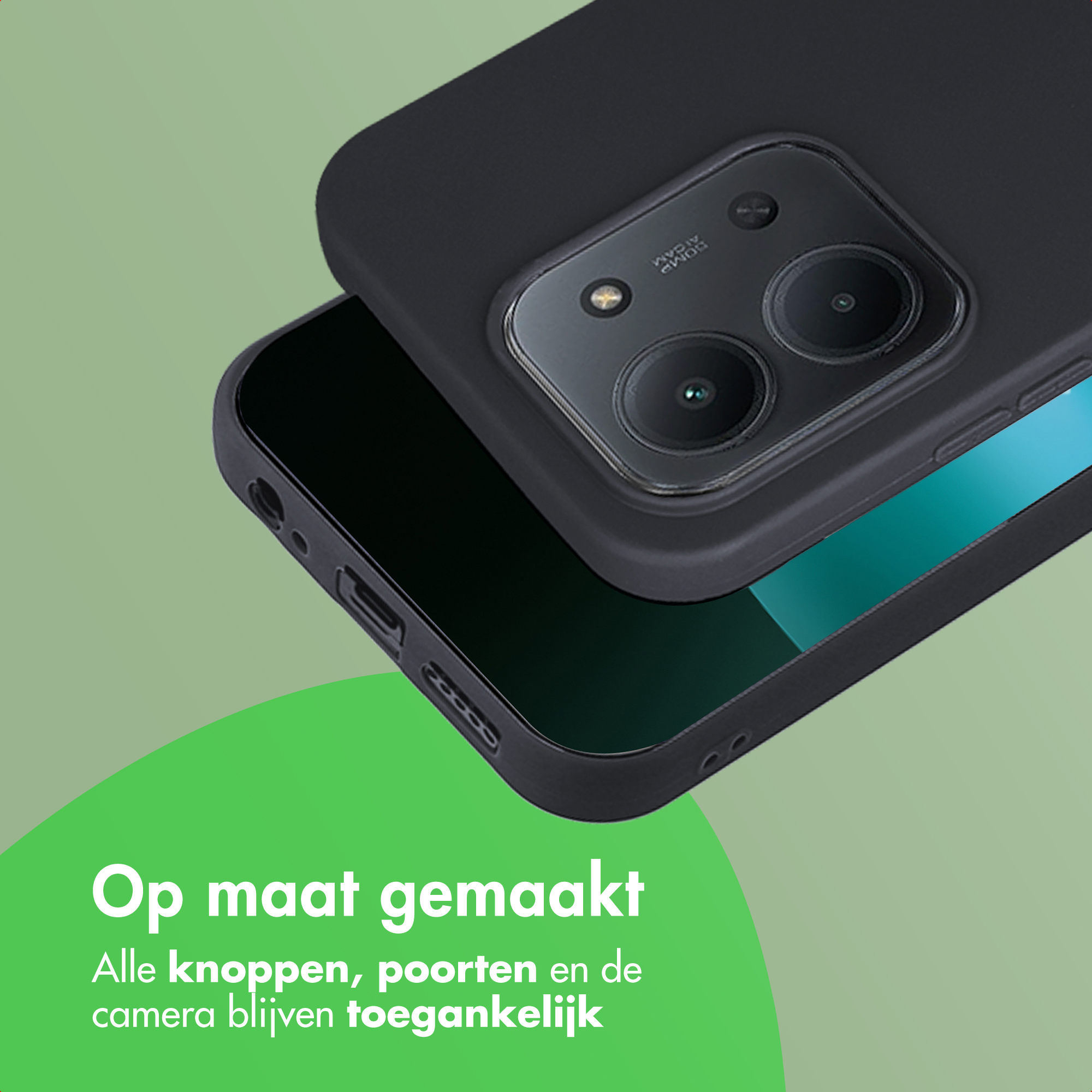 Een zwarte telefoonhoes met cameradetail wordt getoond. De hoes staat op een groene achtergrond. De tekst luidt 'Op maat gemaakt'.