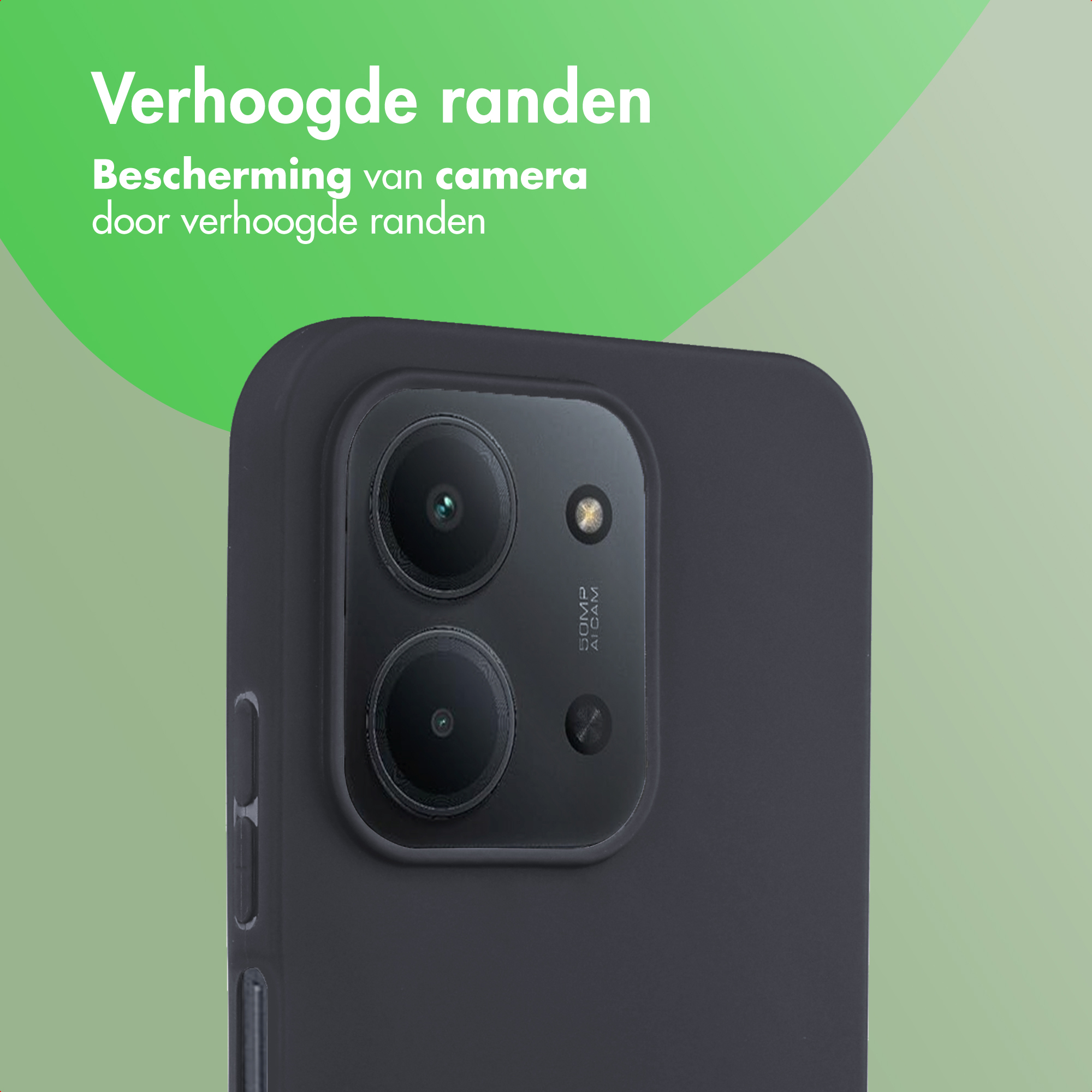 Close-up van een zwarte telefoon met opstaande randen. De cameralenzen zijn zichtbaar. De achtergrond is groen.