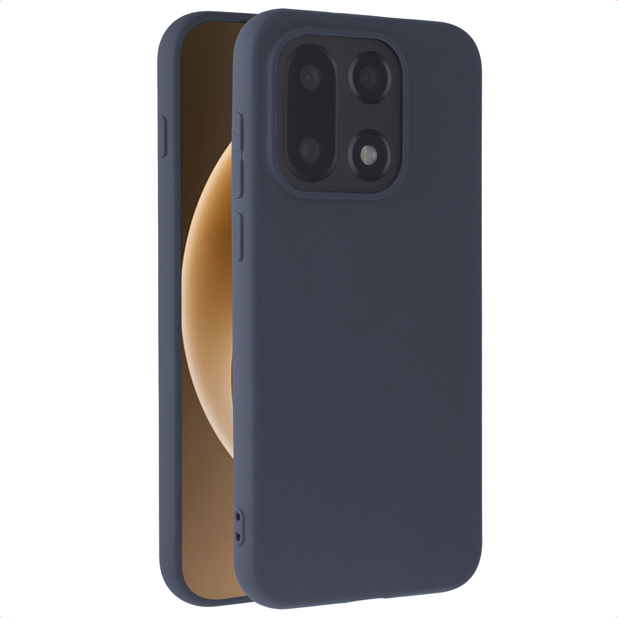 Un étui de téléphone bleu marine est ouvert, révélant un écran. L'étui a une découpe pour l'appareil photo. Le fond est blanc.