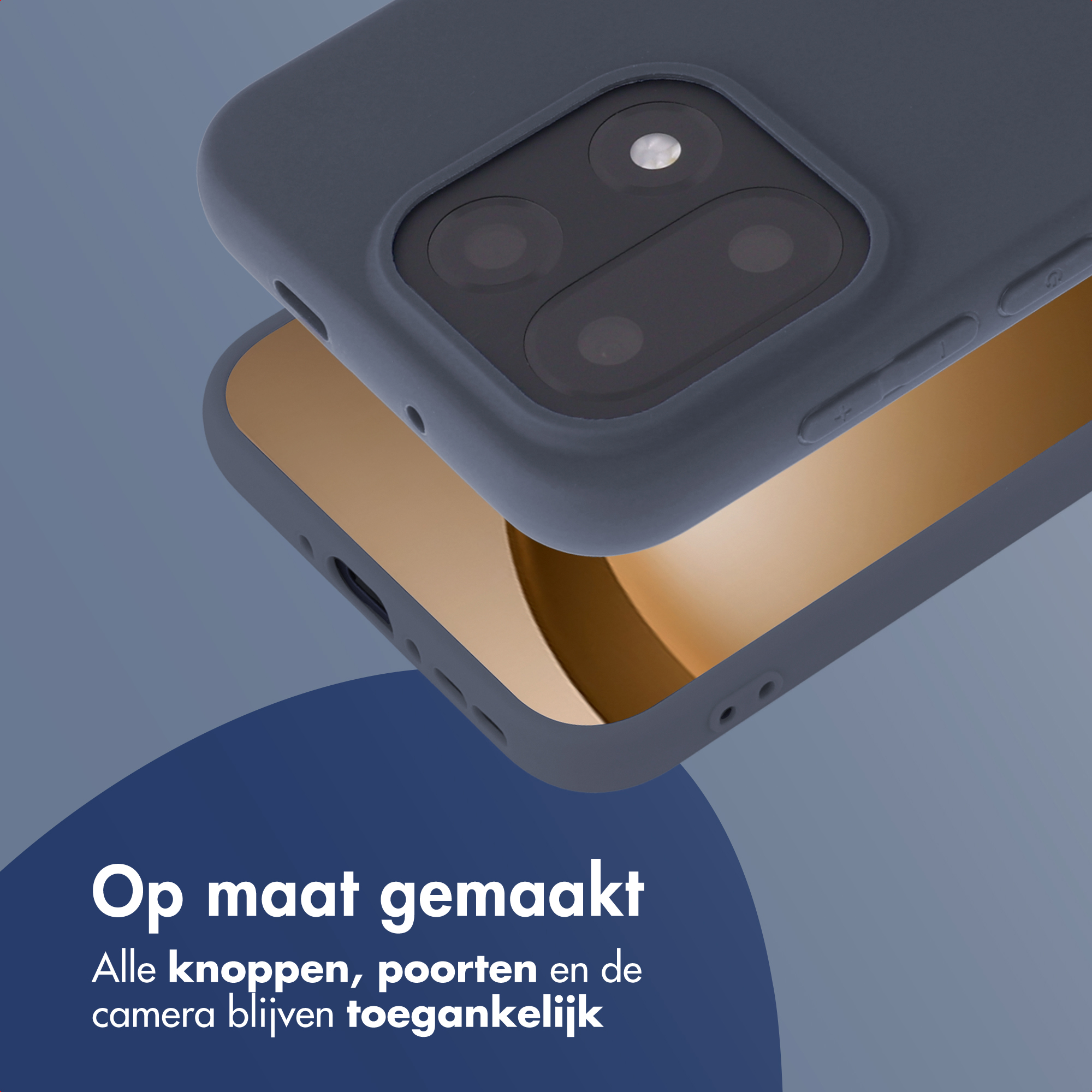 Un étui de téléphone est placé sur un téléphone. L'étui est bleu foncé, le téléphone est visible avec un fond doré.