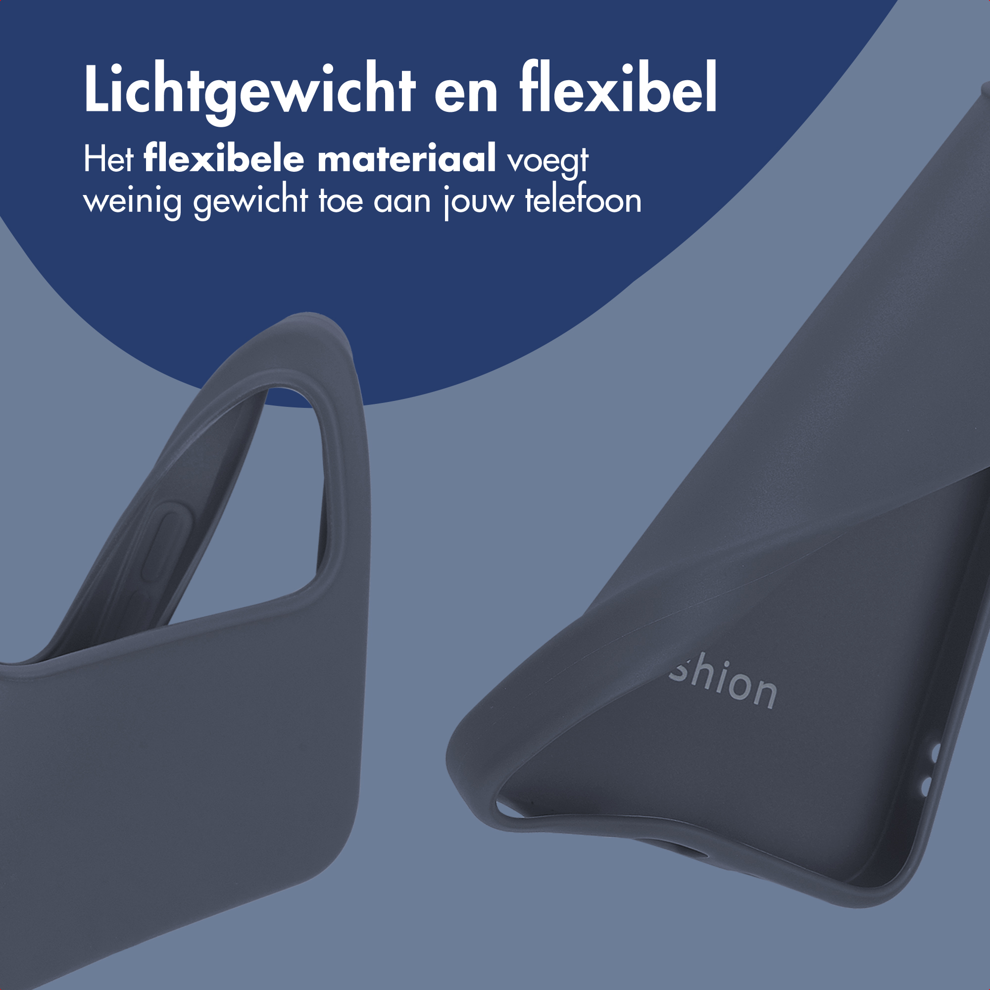 L'image montre une coque de téléphone grise avec le mot 'shion' et du texte en néerlandais. Le fond est bleu.
