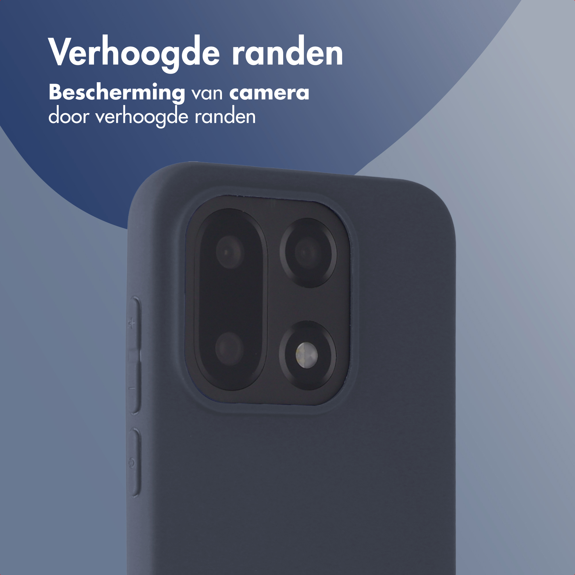 Gros plan sur une coque de téléphone bleu foncé. Texte : 'Verhoogde randen' et 'Bescherming van camera door verhoogde randen'.