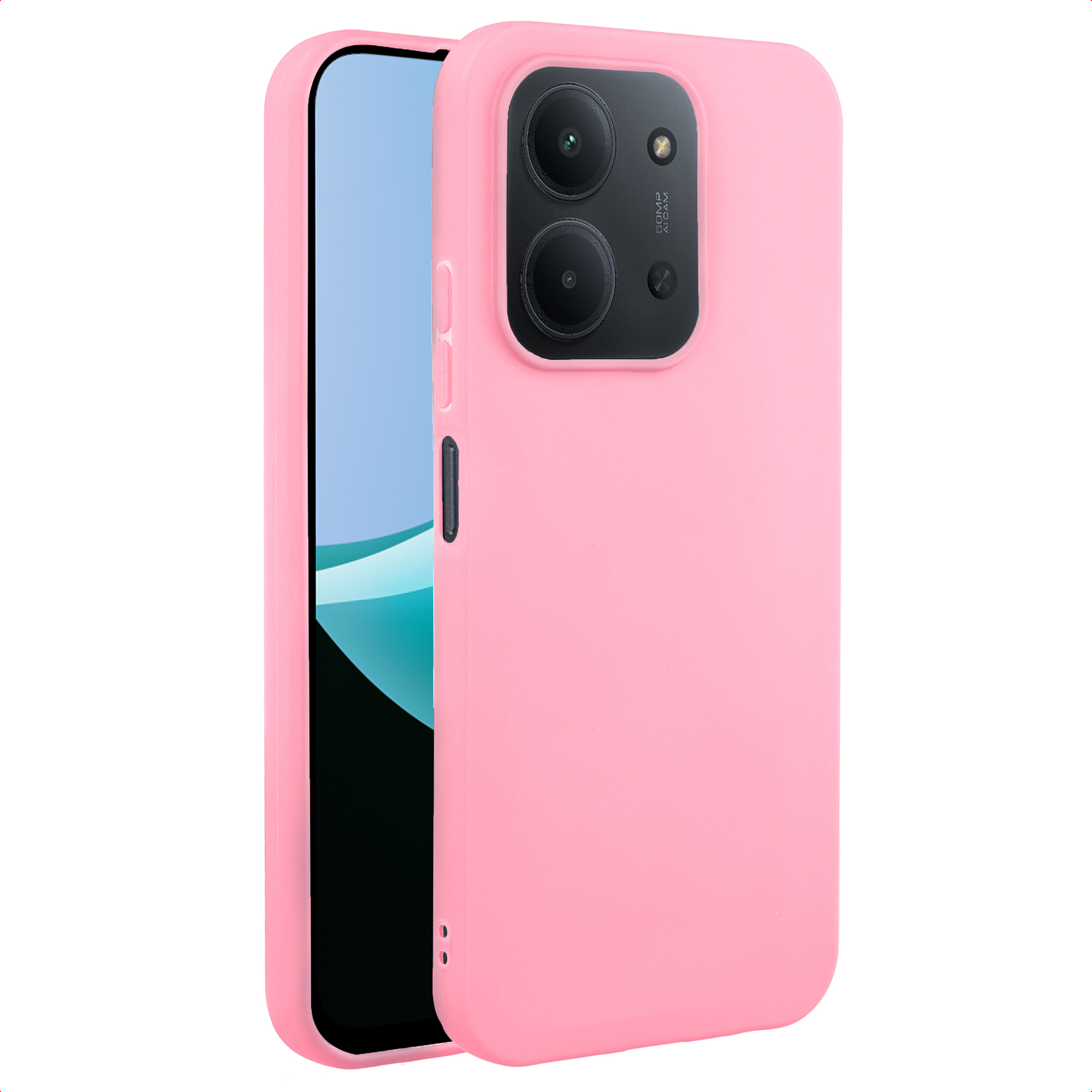Een roze telefoonhoesje met een telefoon erin. De telefoon heeft een scherm met blauwe en witte kleuren en twee camera's.