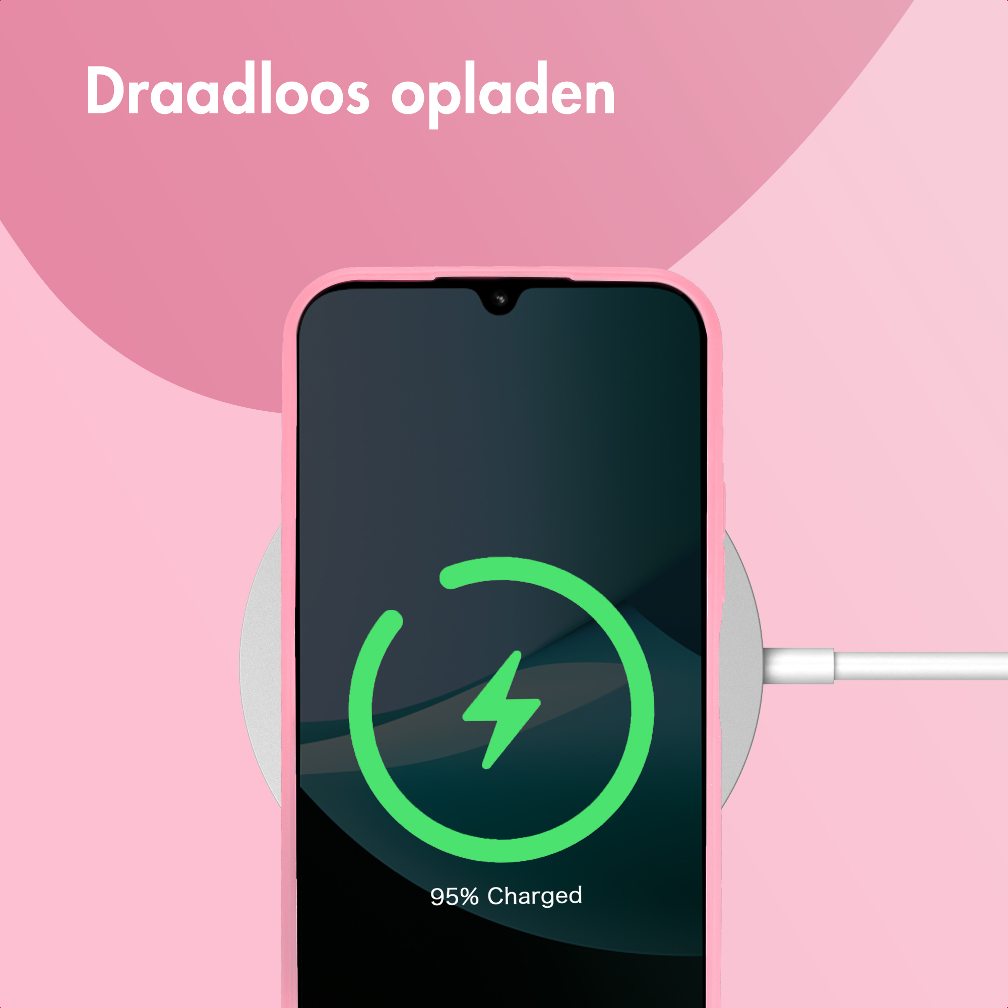 Een telefoon die draadloos oplaadt, toont 95% opgeladen. Roze achtergrond met de woorden 'Draadloos opladen'.