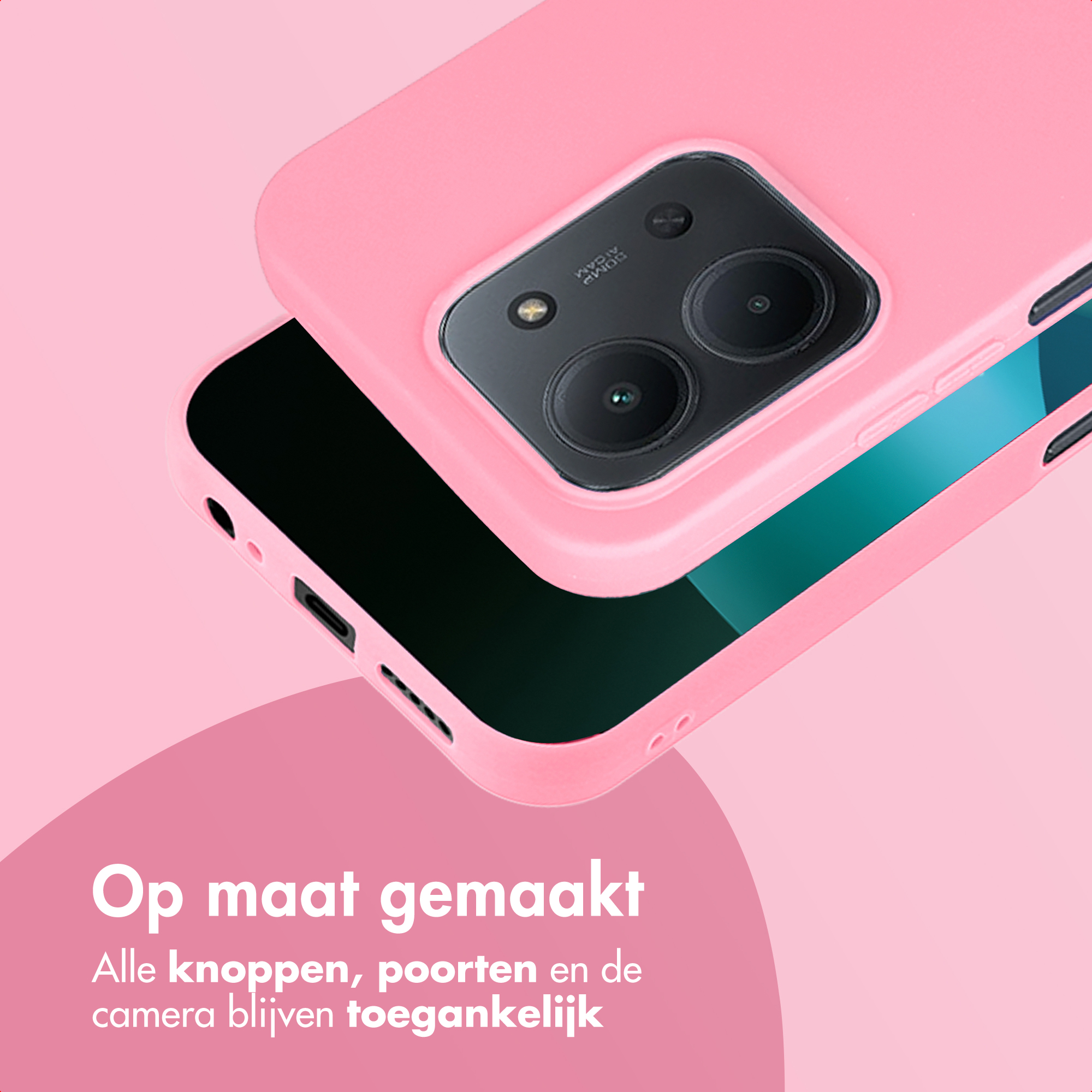 Roze telefoonhoesje op een telefoon. De telefoon heeft een zwart scherm en een zwarte camera. Roze achtergrond met tekst.