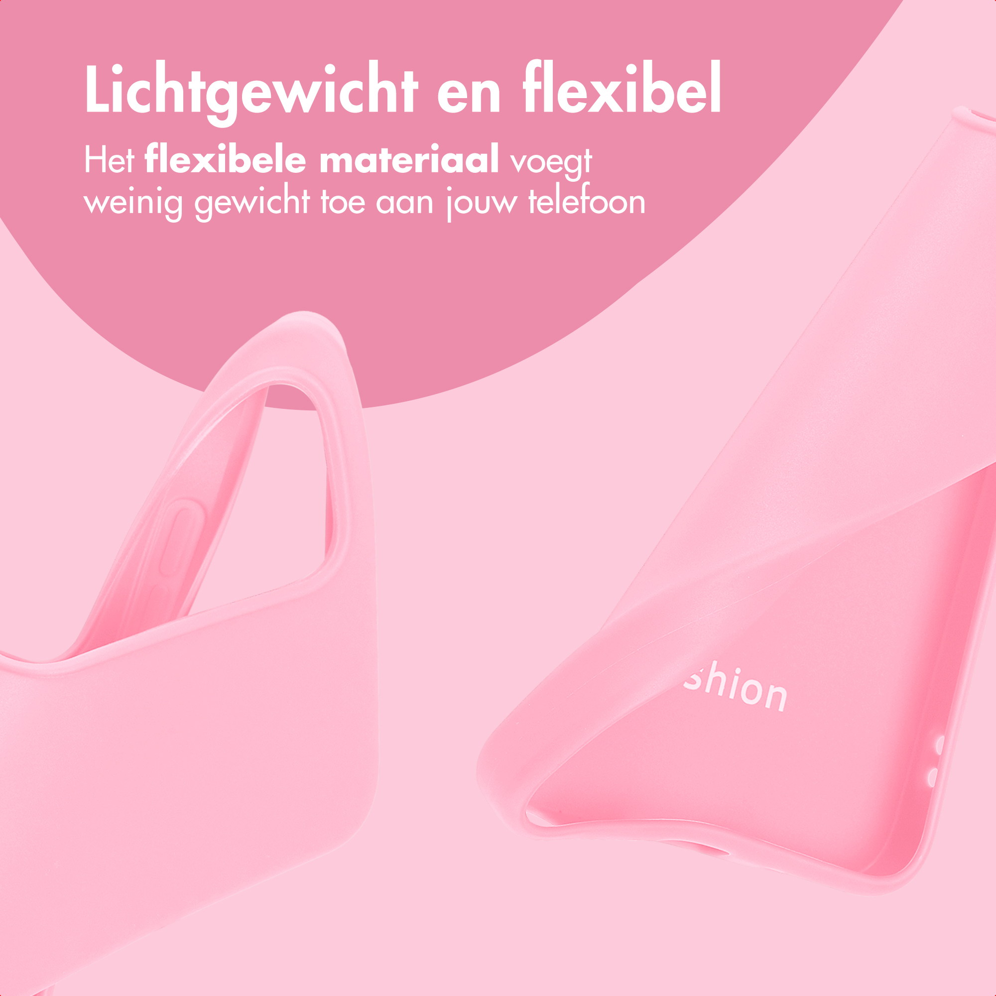 Roze telefoonhoesje, gebogen vorm, met tekst. Roze achtergrond, witte tekst.