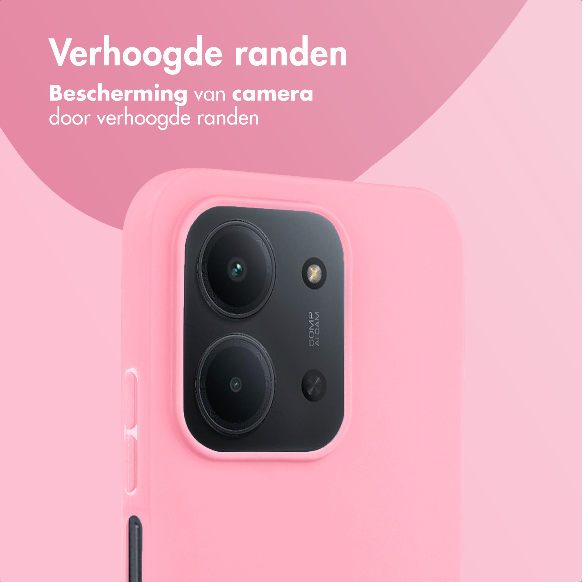 Roze telefoonhoes met zwarte cameralenzen. Tekst: Verhoogde randen. Bescherming van camera door verhoogde randen.