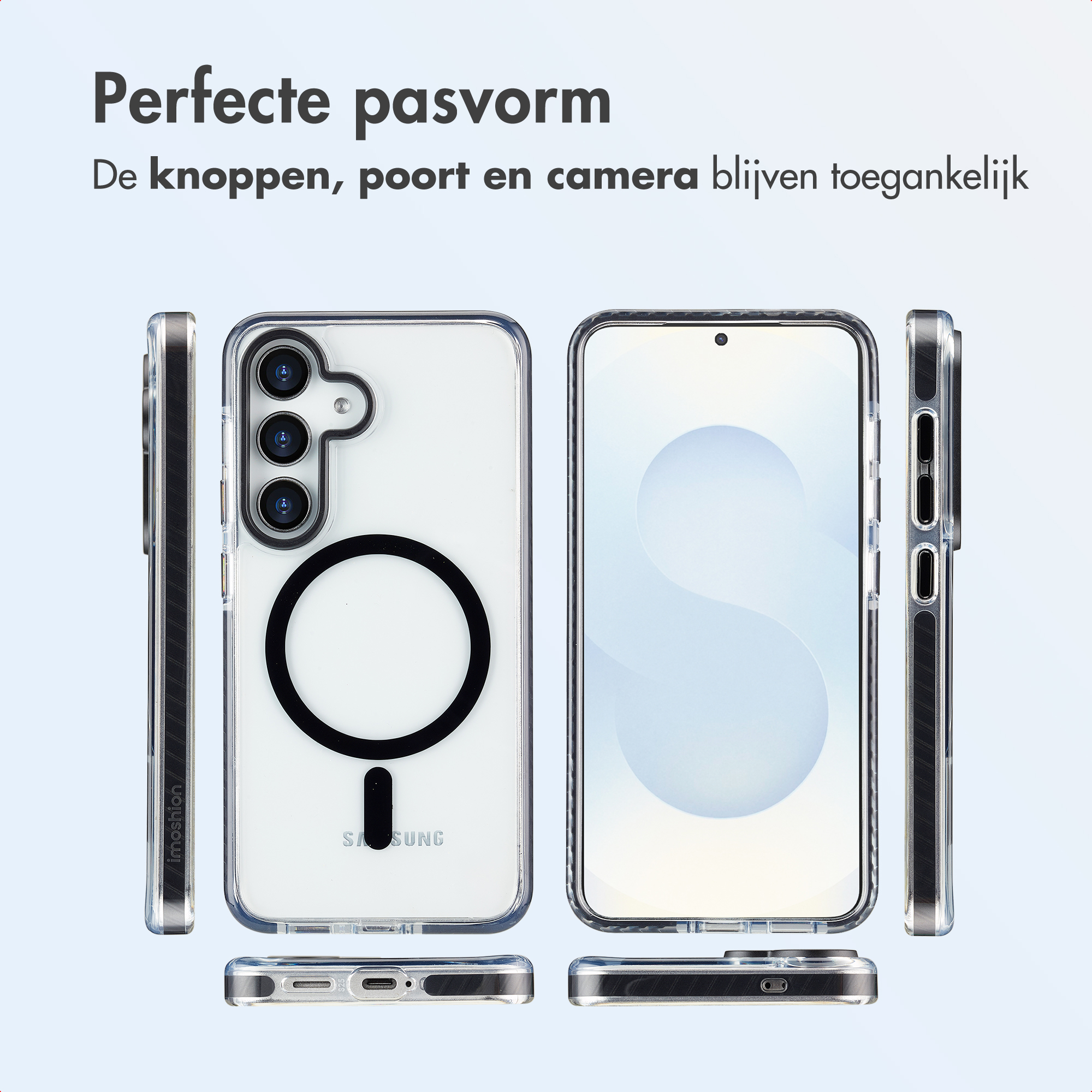 Custodie trasparenti per telefono con telefoni all'interno. Il testo in alto dice 'Vestibilità perfetta'. Le custodie mostrano lati, fronte e retro.