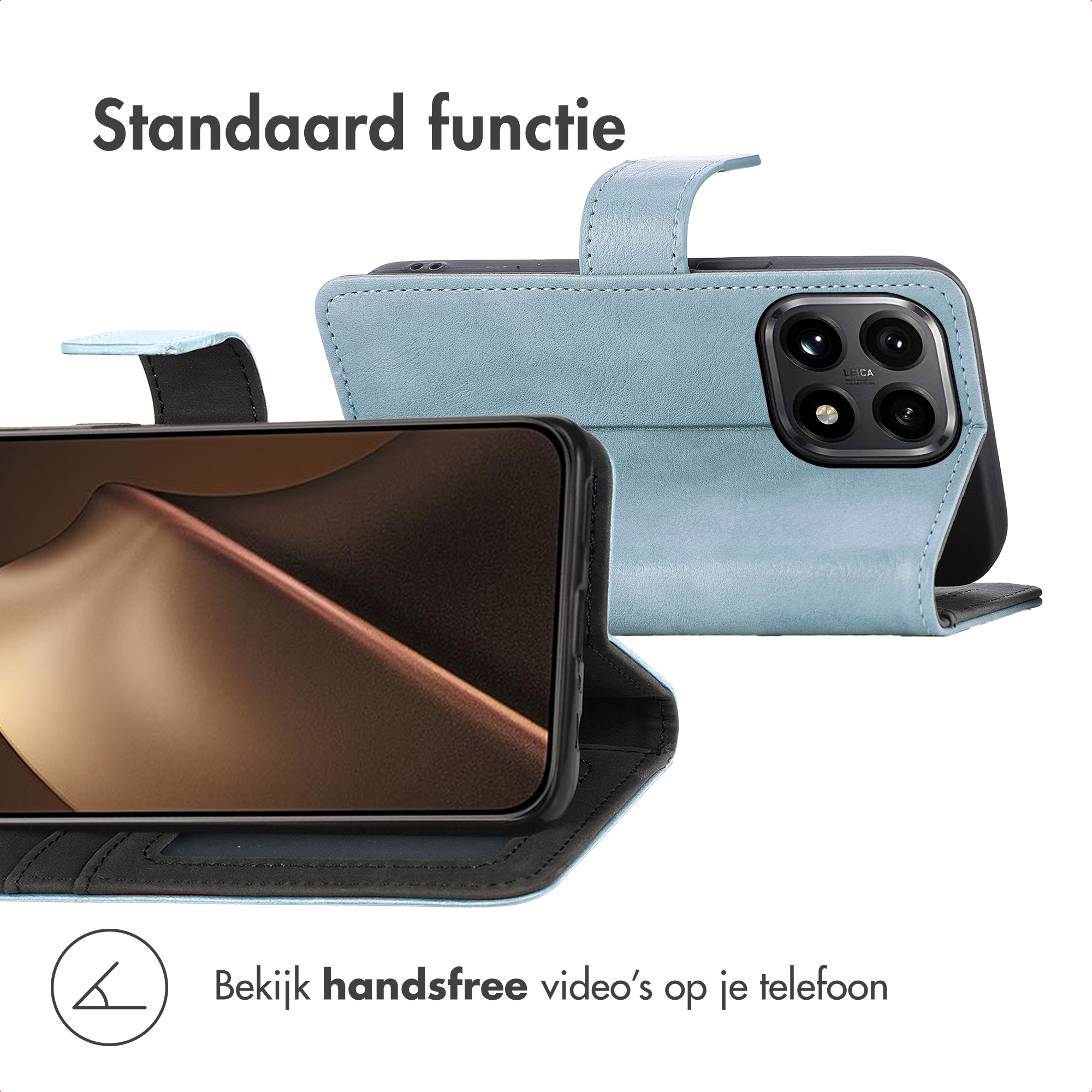 Een lichtblauwe telefoonhoes met een telefoon erin. De hoes is open, en toont het scherm. Tekst: Bekijk handsfree video's op je telefoon.