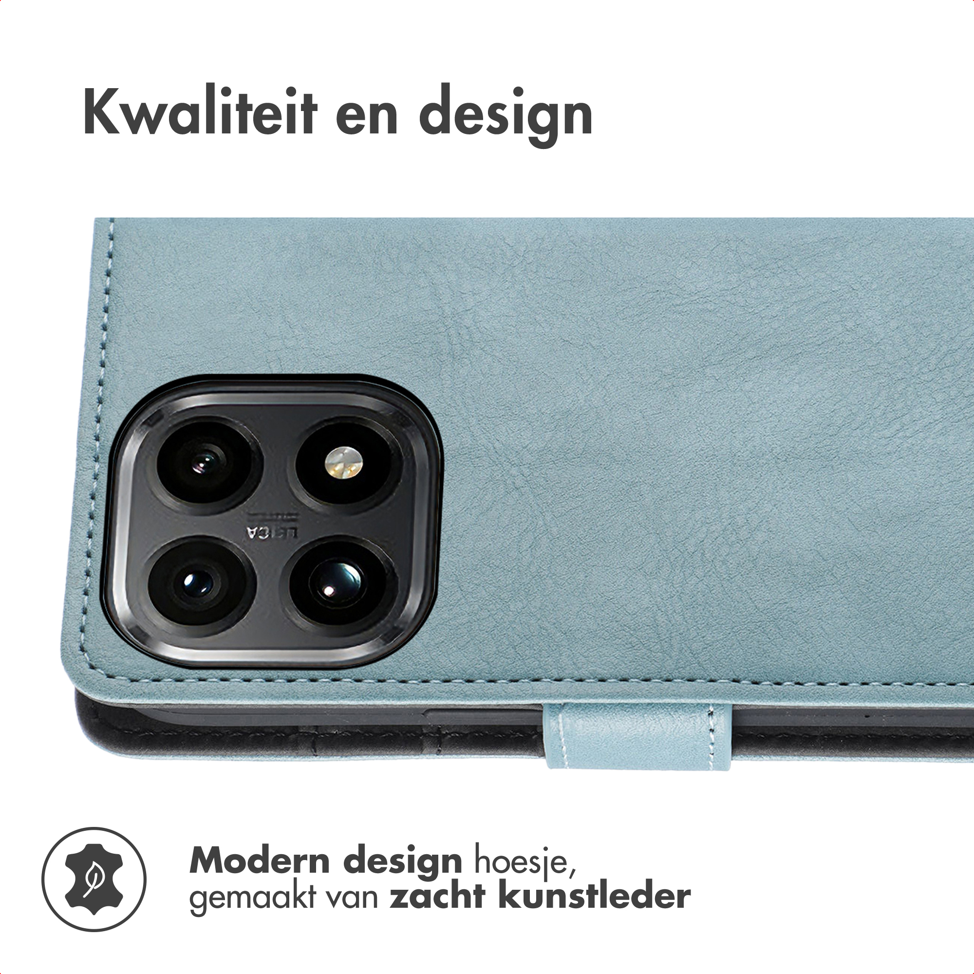 Close-up van een blauwe telefoonhoes met cameralens. Tekst: 'Modern design, gemaakt van zacht kunstleer'.