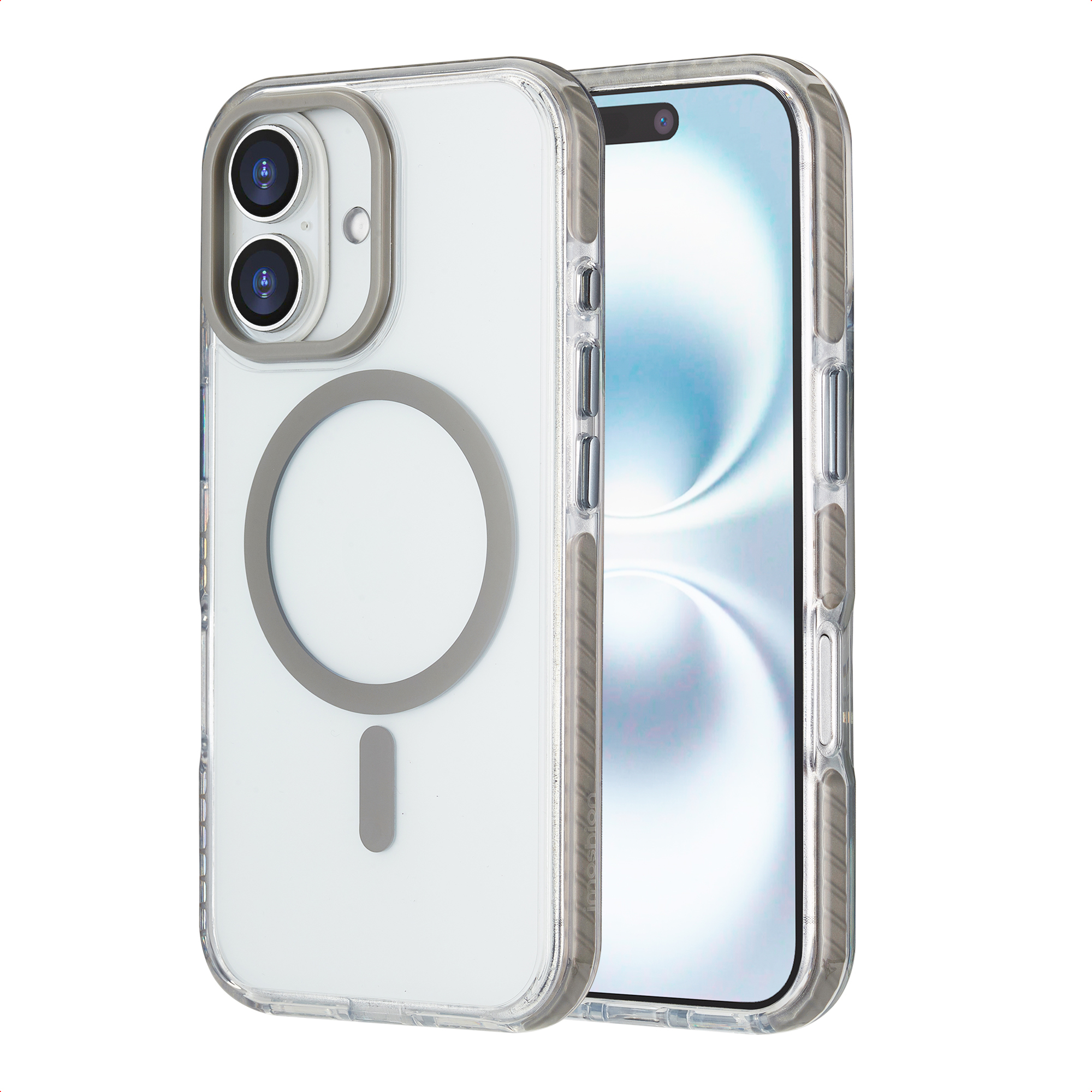 Custodia trasparente con dettagli grigi, due lenti della fotocamera e protezione schermo. Sfondo bianco.