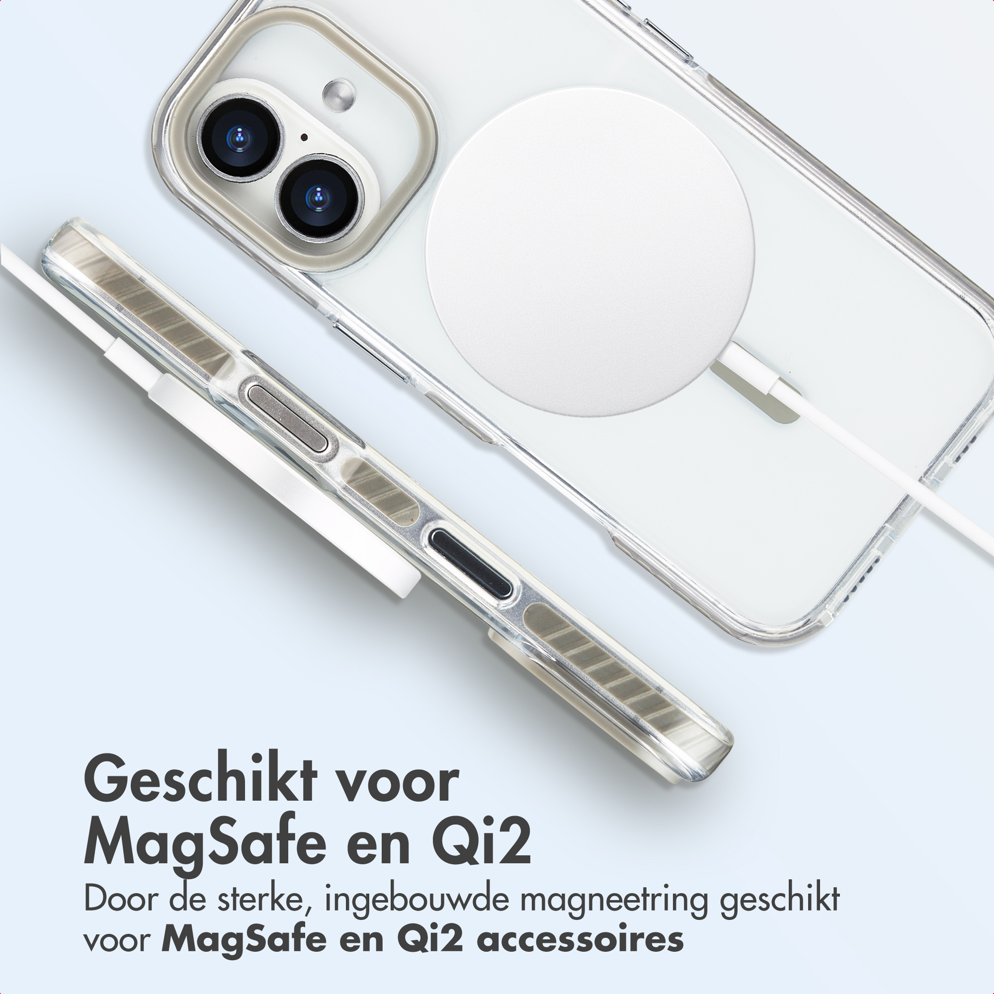Custodia trasparente con telefono e caricabatterie bianco. Testo: Adatto per MagSafe e Qi2. Testo in olandese.
