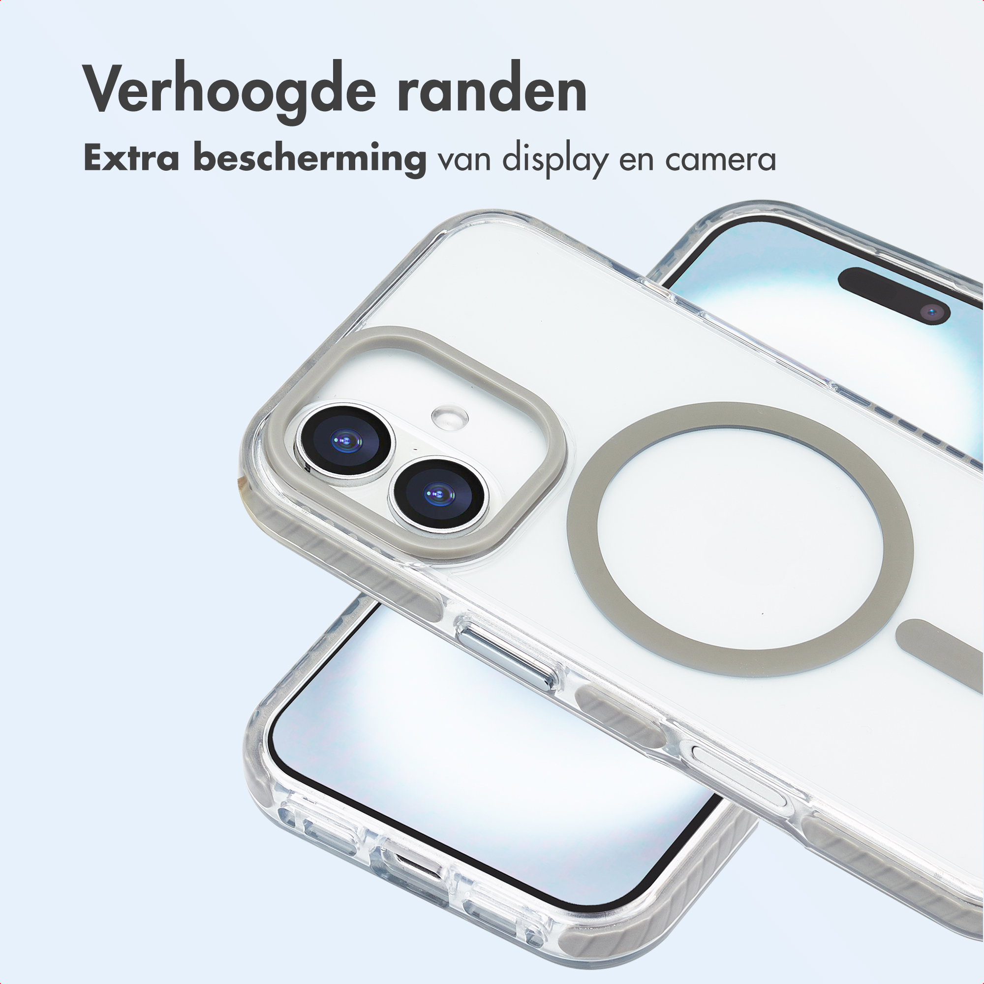 Custodie trasparenti per telefono con bordi rialzati, che proteggono display e fotocamera. Accenti grigi e sfondo azzurro chiaro.