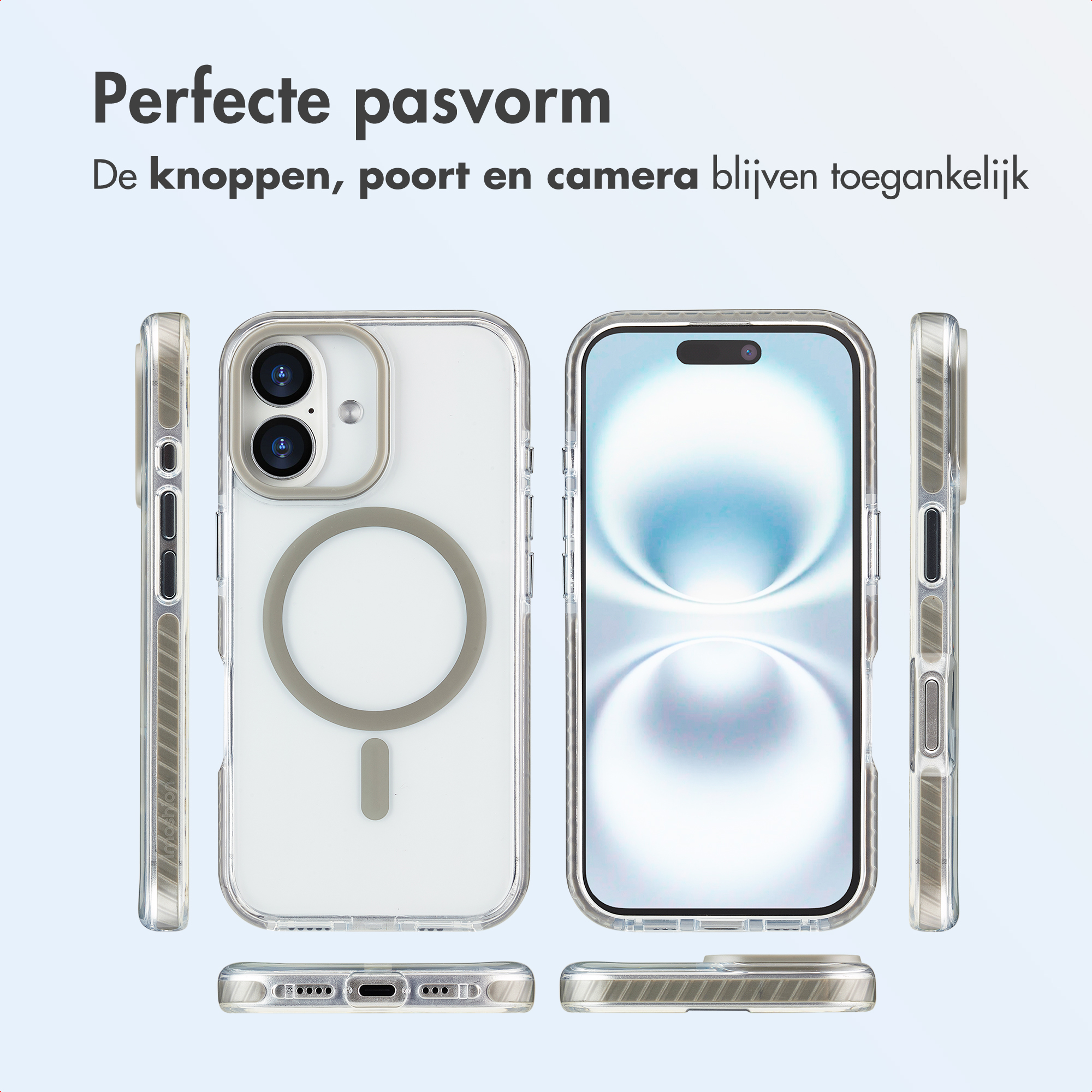 Custodie trasparenti per telefono che mostrano una vestibilità perfetta. Viste laterali e frontali con pulsanti, porte e fotocamera accessibili.