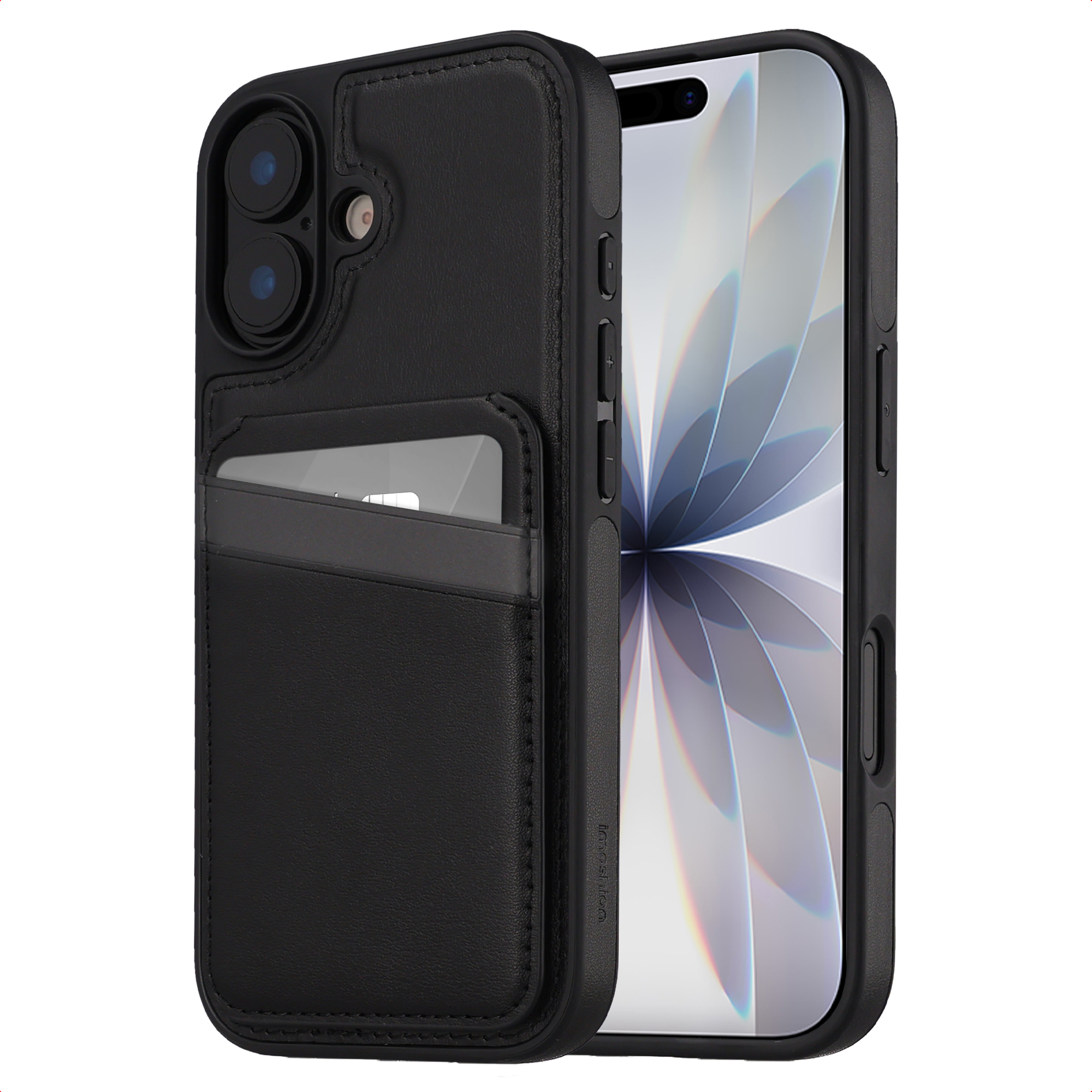 Coque de téléphone noire avec fente pour carte. Un téléphone est à l'intérieur. L'étui a une texture cuir.
