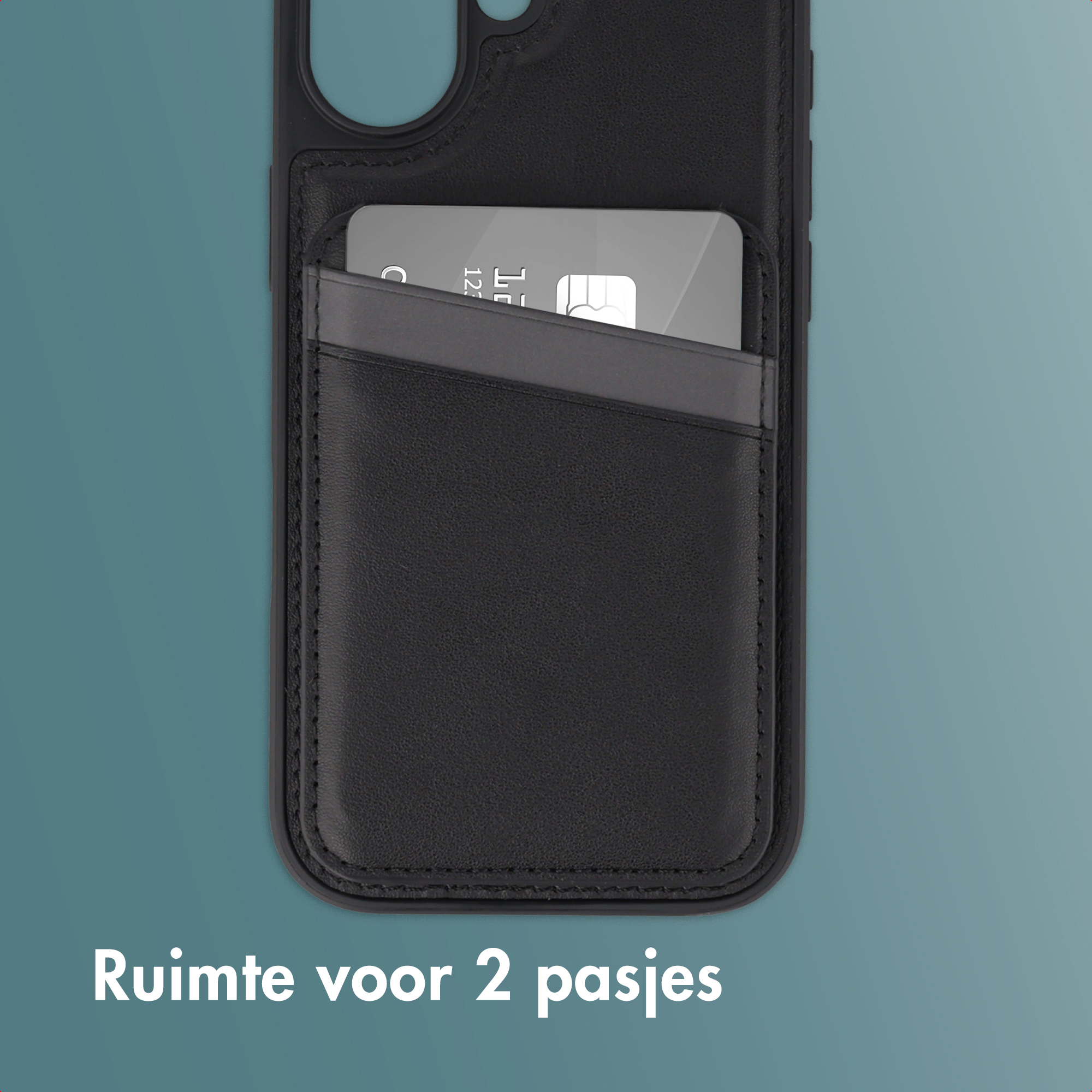 Coque noire avec carte dans la poche. Texte: Espace pour 2 cartes.