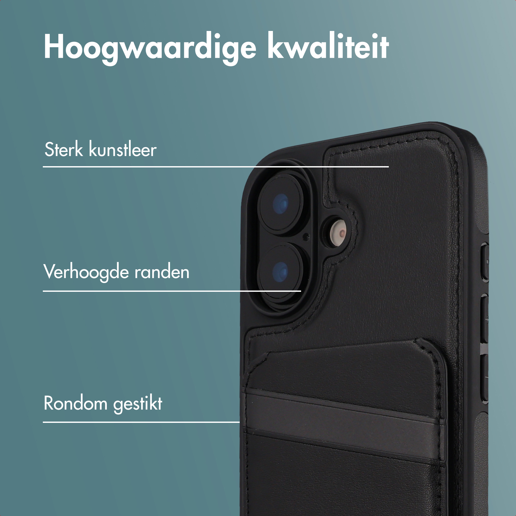 Une coque de téléphone noire avec du texte. Caractéristiques : similicuir résistant, bords relevés et cousus. Texte : Haute qualité.