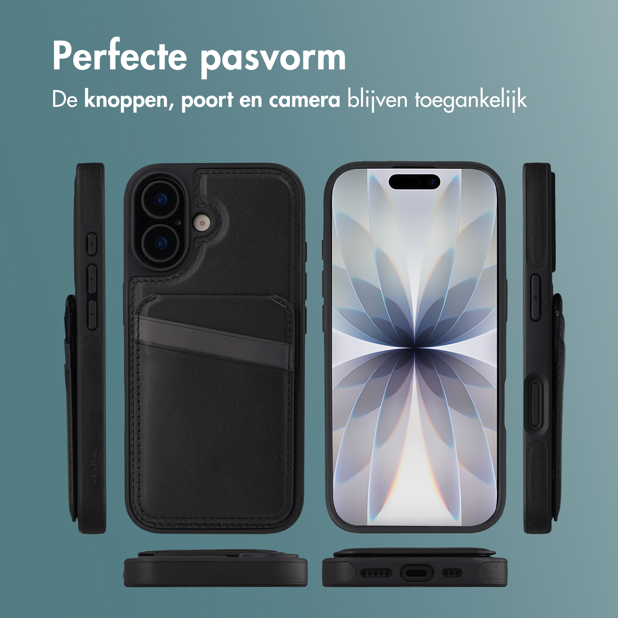 L'image montre un étui de téléphone noir et un téléphone. L'étui est en cuir avec des fentes pour cartes. L'écran affiche un motif.