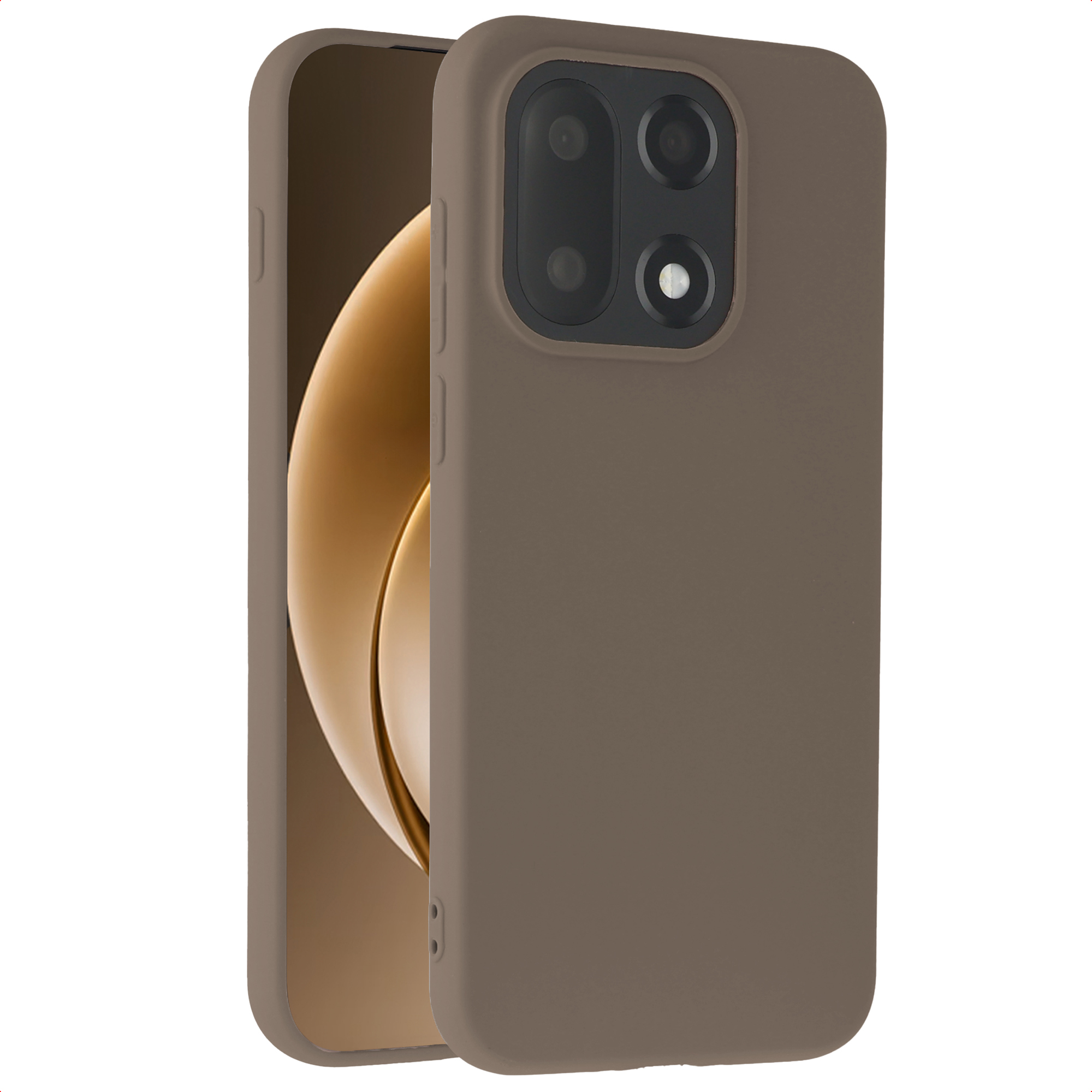 Een bruine telefoonhoes met een telefoon erin. De hoes heeft een uitsparing voor de camera. Het scherm is goudkleurig.