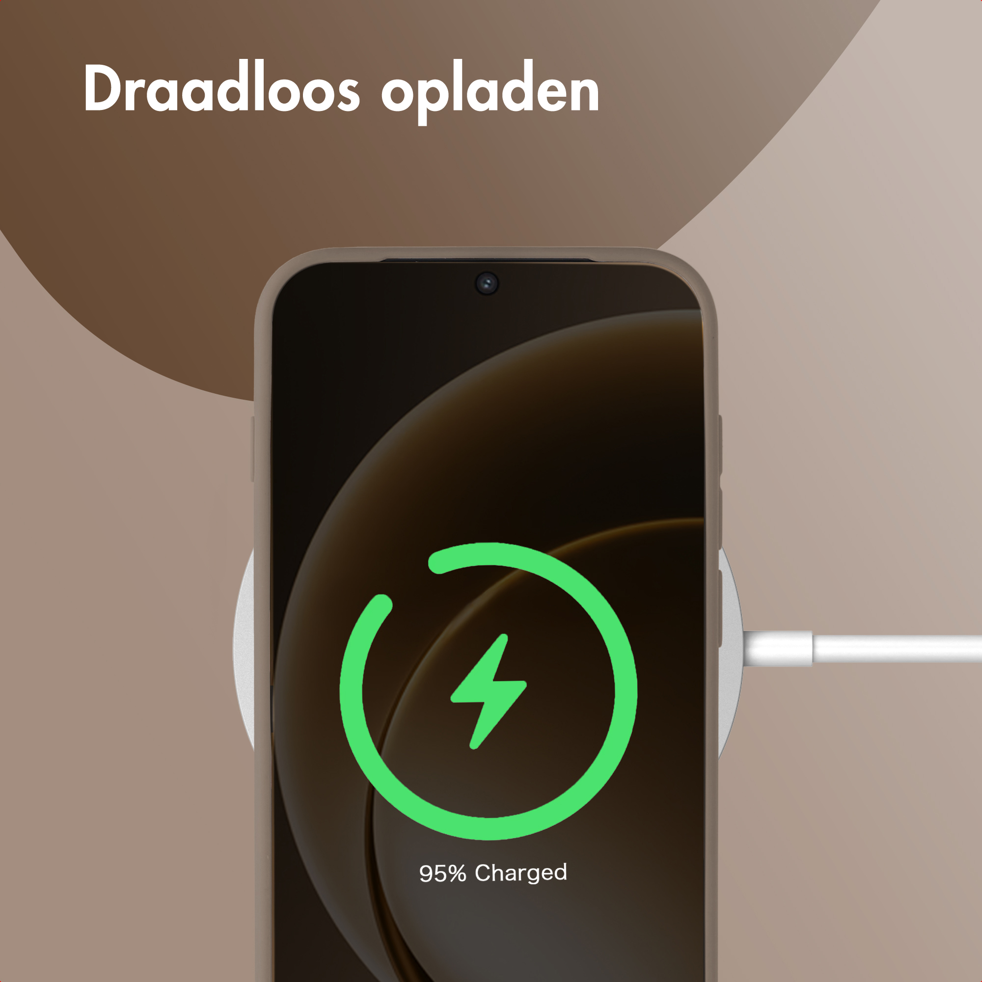 Telefoon draadloos opladen. Groen bliksemsymbool toont 95% opgeladen. Nederlandse tekst: Draadloos opladen.