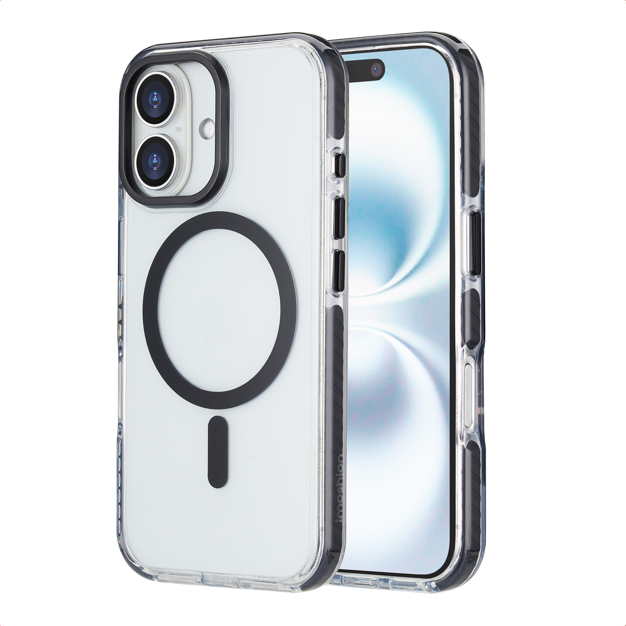 Custodia trasparente per iPhone con cerchio magnetico nero e linea nera. Schermo del telefono visibile.
