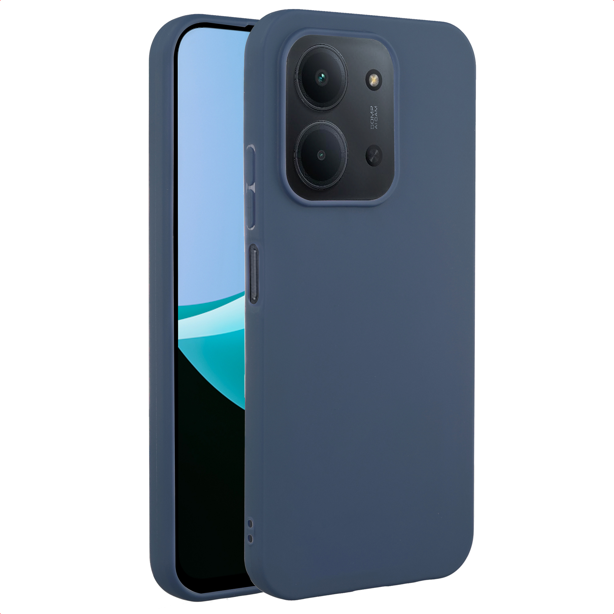 Un téléphone bleu dans un étui, montrant l'arrière avec des objectifs d'appareil photo. L'écran est visible à gauche.
