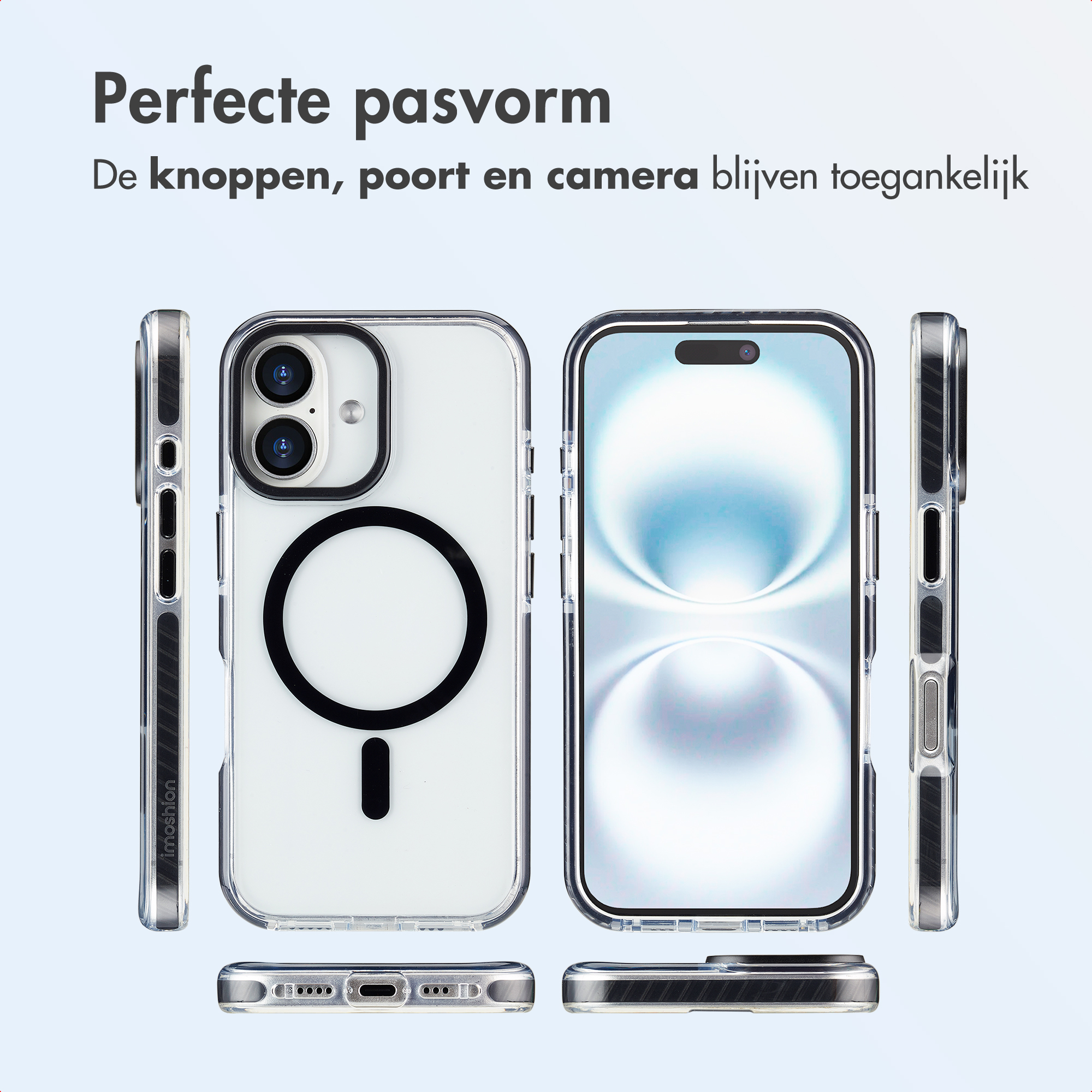 Custodie trasparenti per telefoni che mostrano una vestibilità perfetta. Telefoni all'interno delle custodie. Il testo dice 'Vestibilità perfetta'. Pulsanti, porte e fotocamere rimangono accessibili.