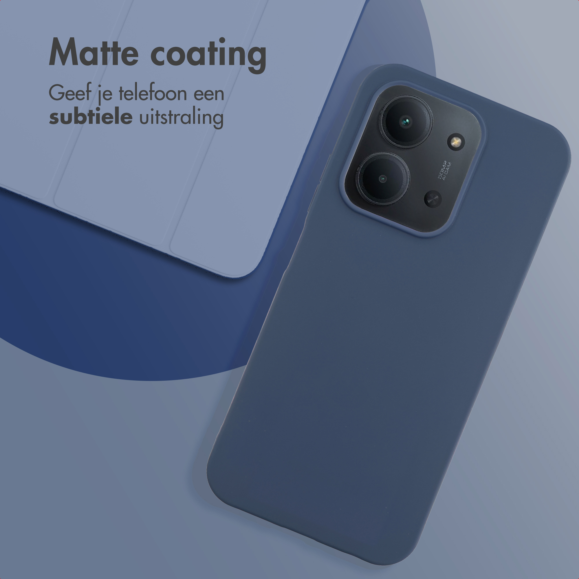 Coque de téléphone bleue avec module caméra sur surface bleue, texte indiquant un revêtement mat.