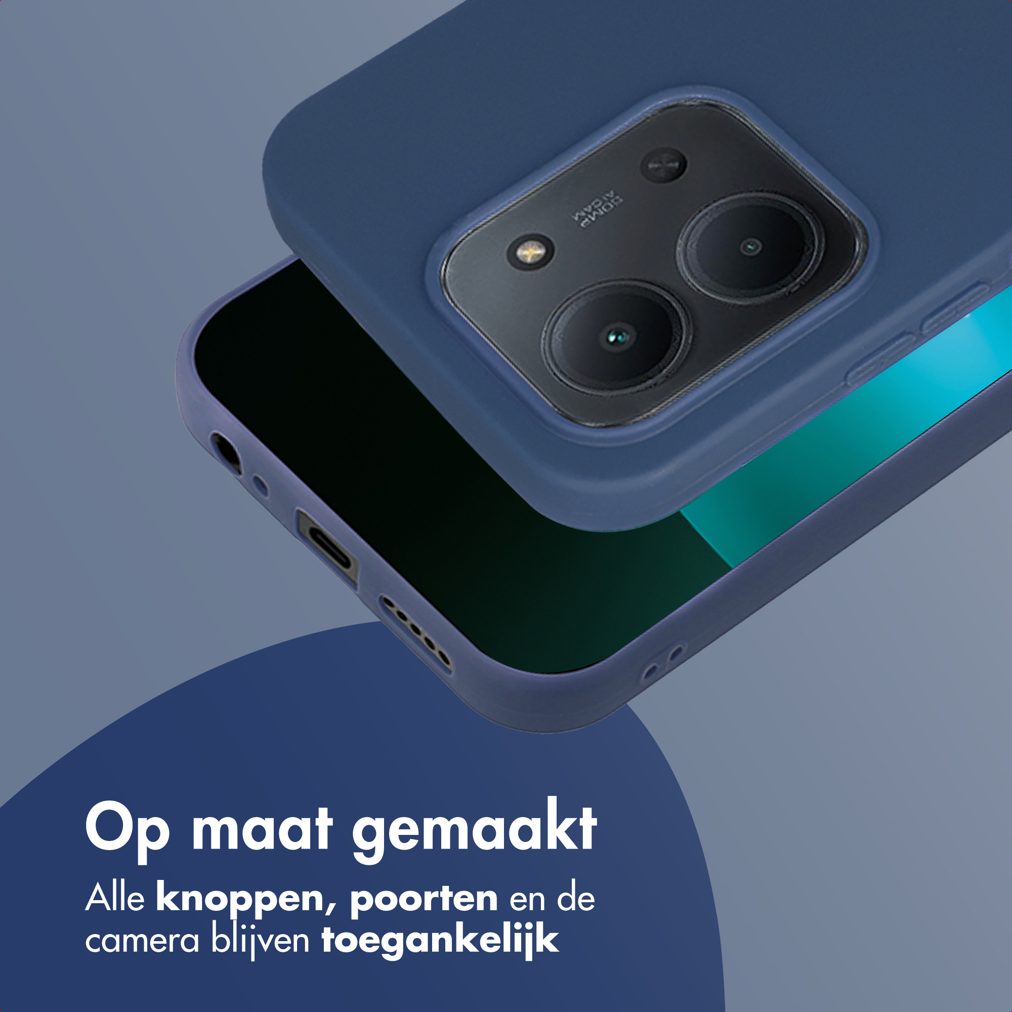Un étui de téléphone est placé sur un téléphone. L'étui est bleu, le téléphone noir. Texte : Fabriqué sur mesure. Tous les boutons, ports et caméra restent accessibles.