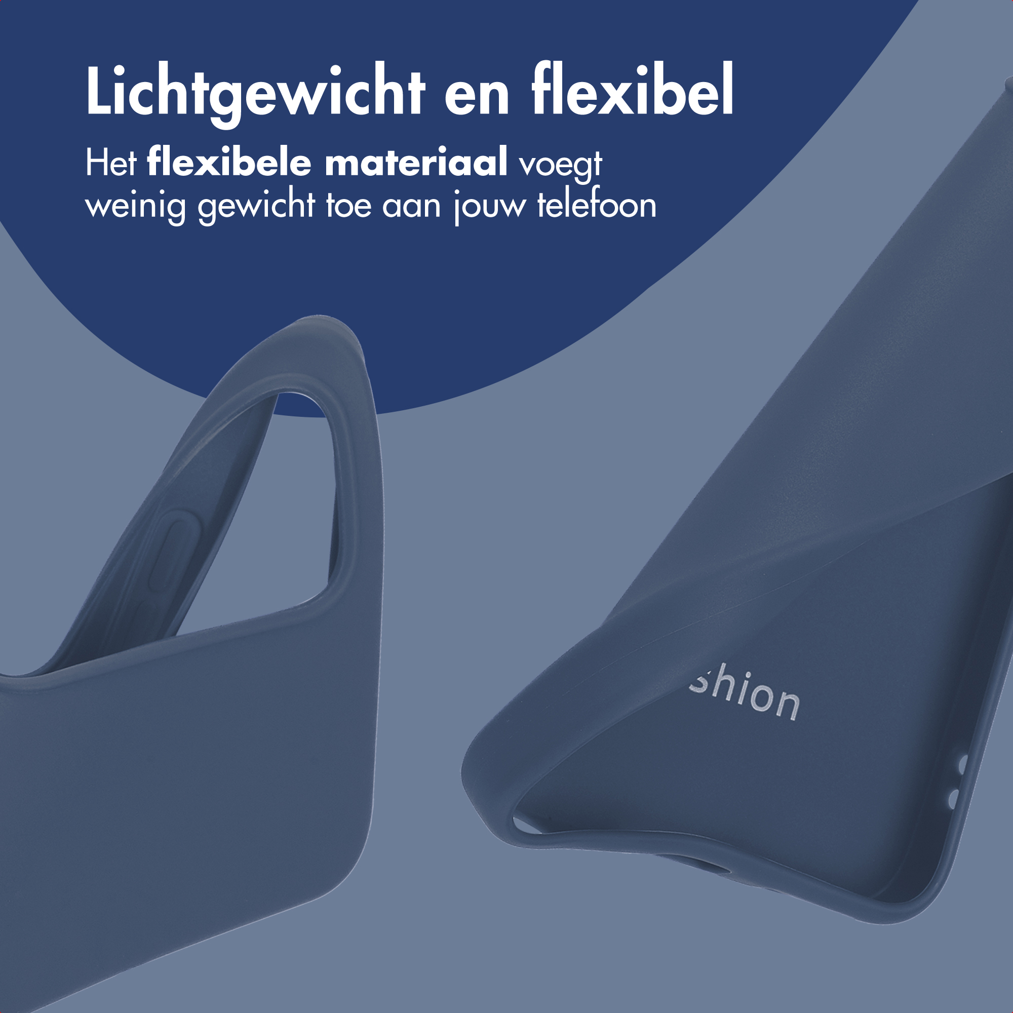Deux coques de téléphone bleues, une avec une poignée, l'autre avec le mot 'shion'. Le fond est bleu.