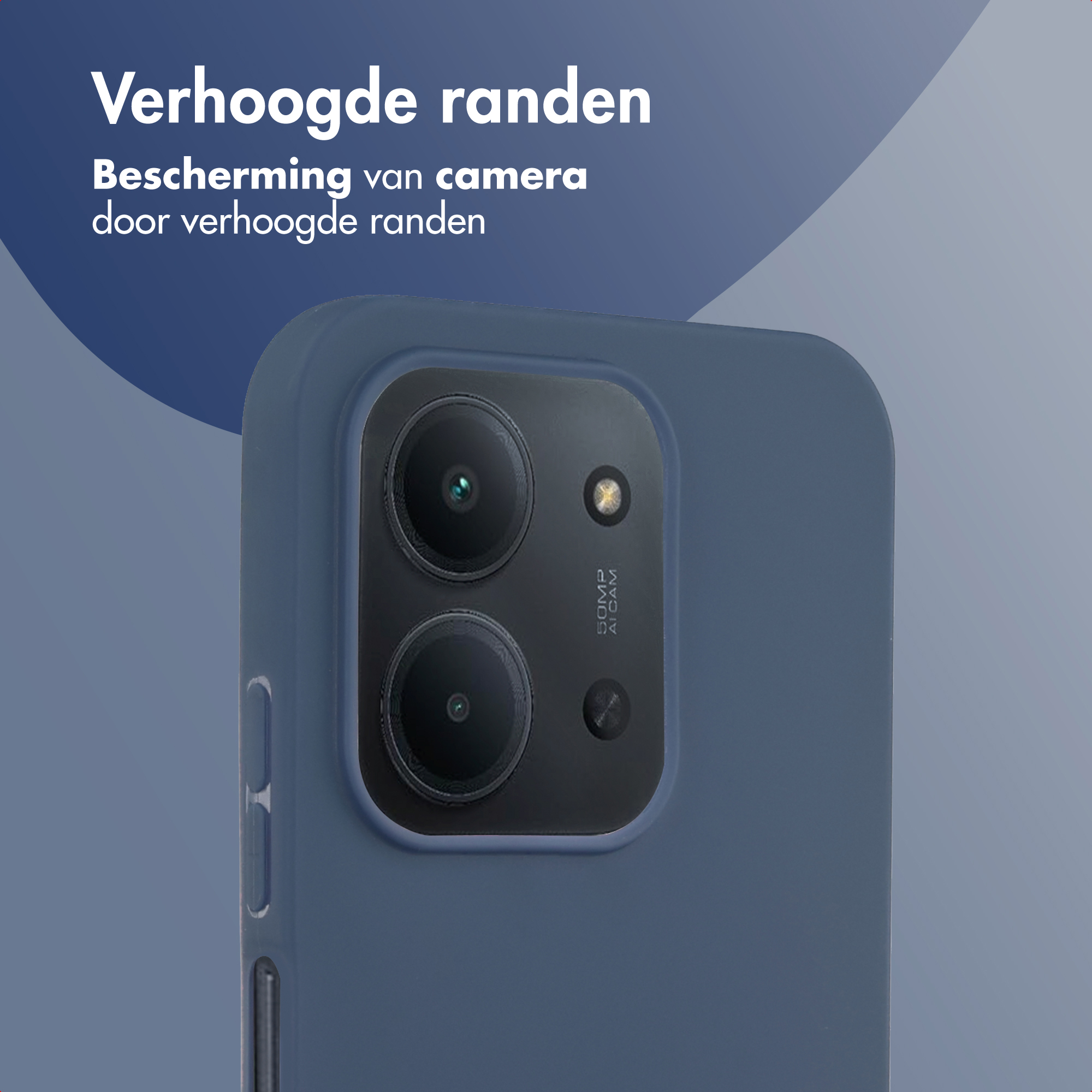 Gros plan sur une coque de téléphone bleue avec des lentilles d'appareil photo. Texte: 'Verhoogde randen'.